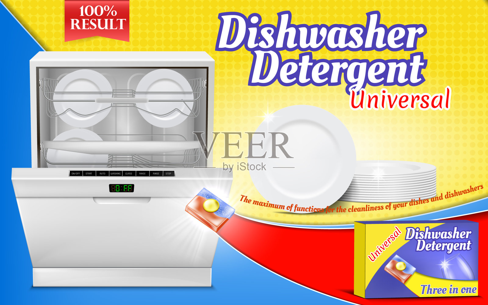 矢量3d逼真的广告海报与洗碗机洗涤剂插画图片素材
