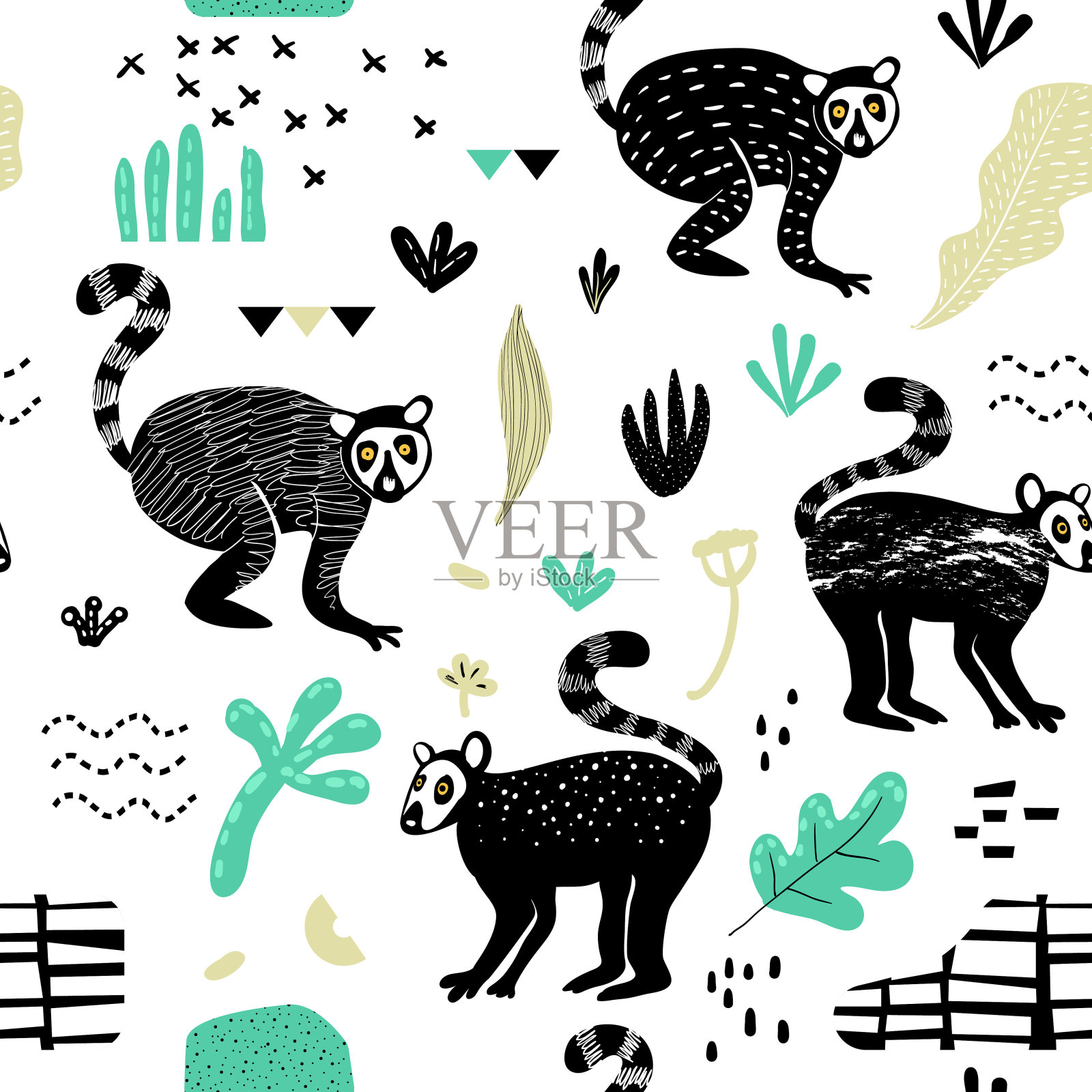 无缝图案与可爱的狐猴。创意手绘儿童动物背景织物，墙纸，装饰。矢量图插画图片素材