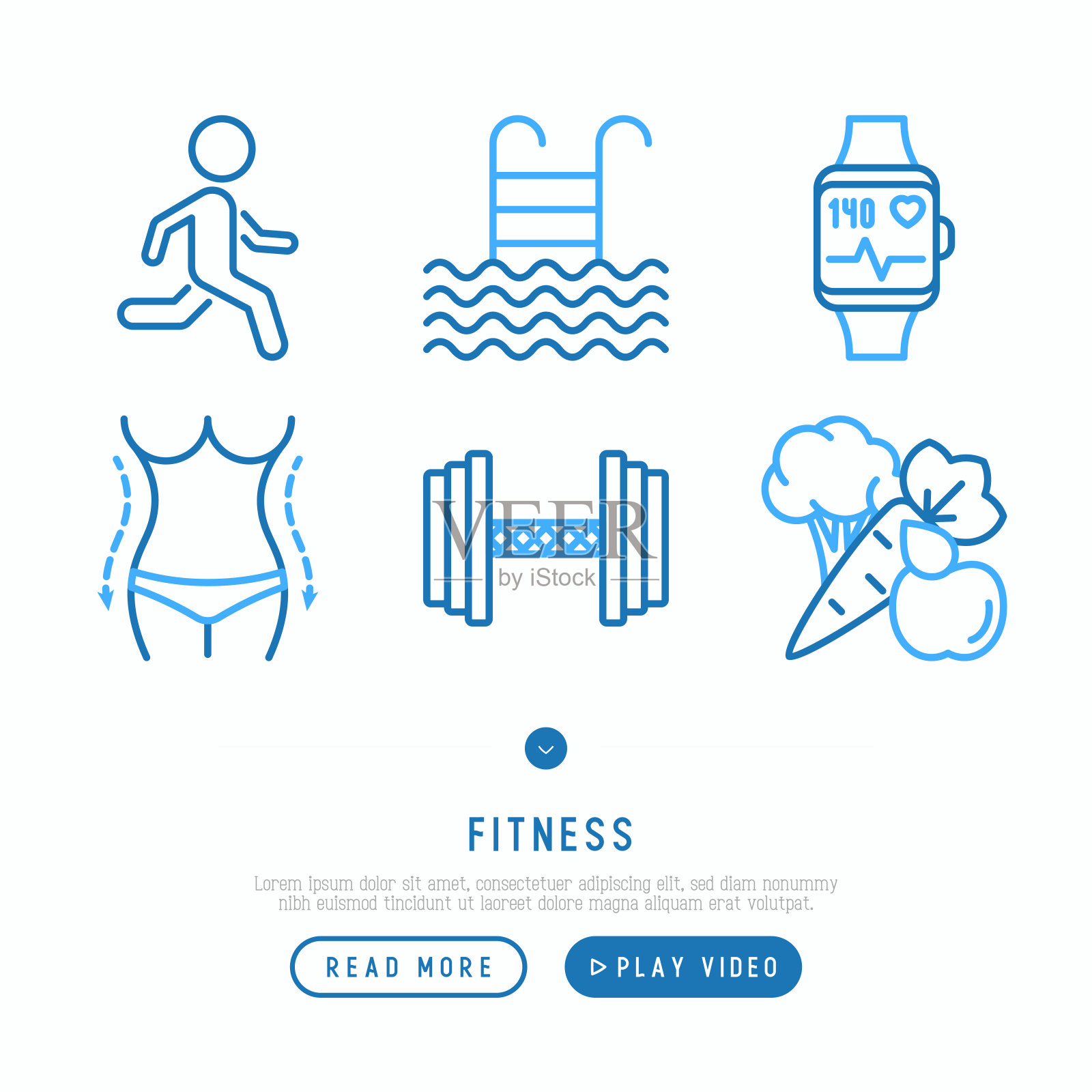 健身细线图标集跑步、哑铃、腰、健康食品、游泳池、脉搏、健康食品。现代矢量插图，网页模板。插画图片素材