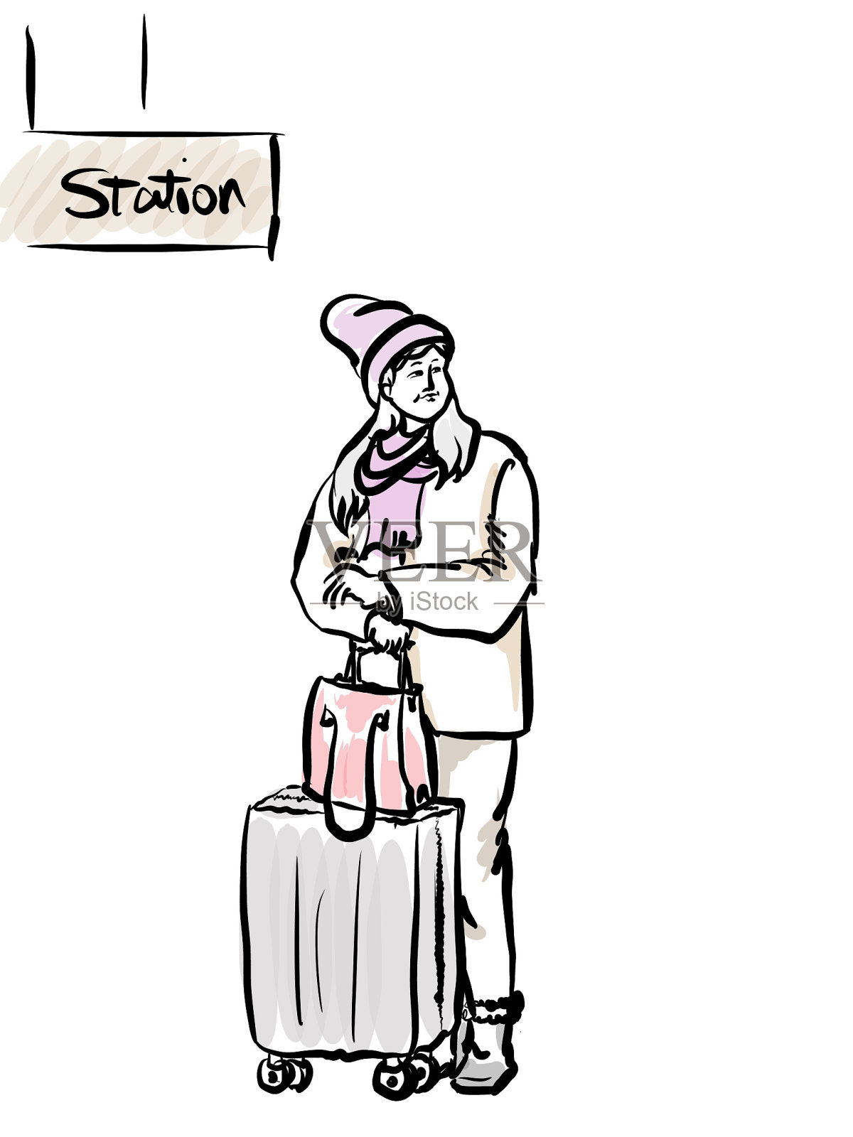 在月台等车的女孩，带着她的行李插画图片素材