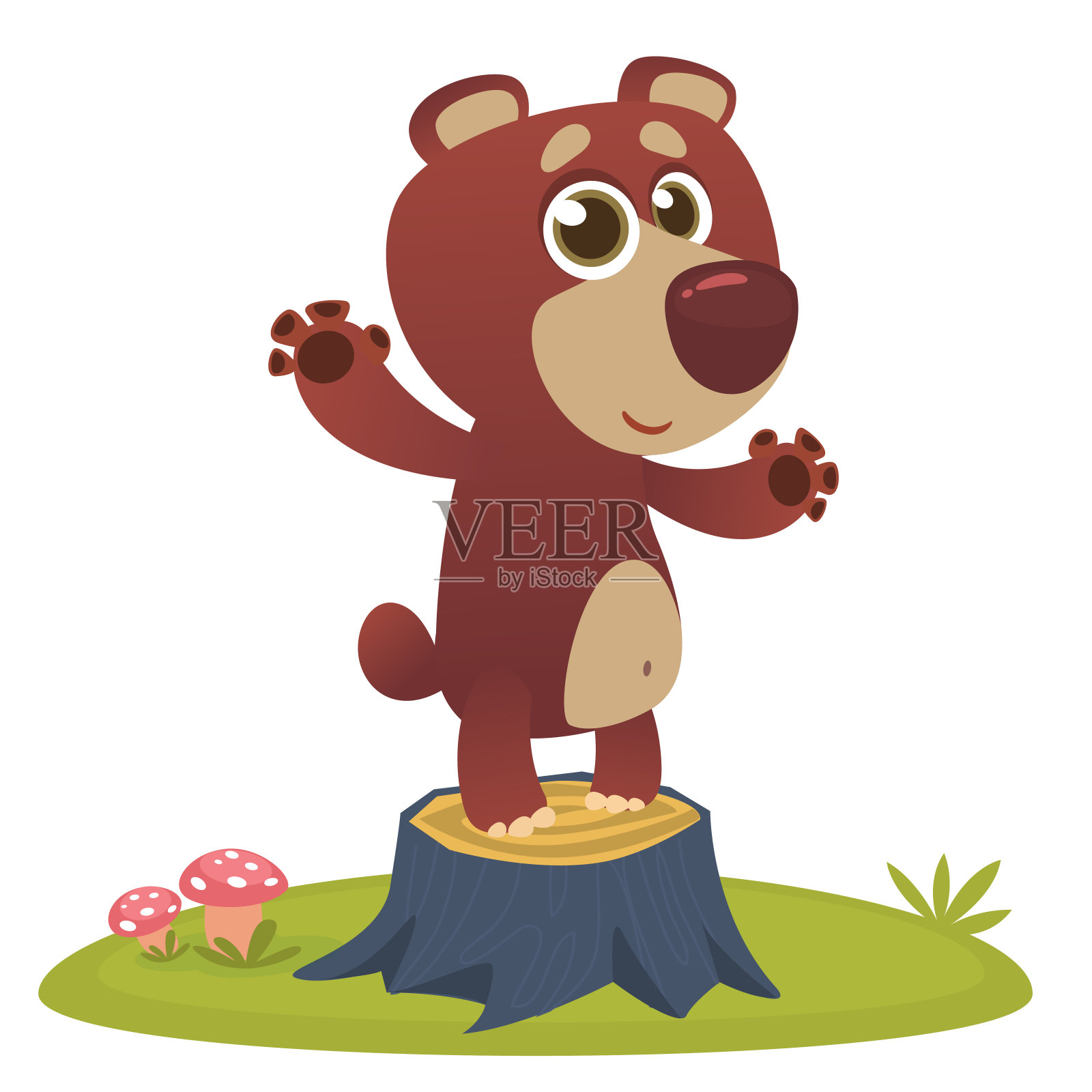 快乐的卡通棕熊站在木桩上。矢量图设计元素图片