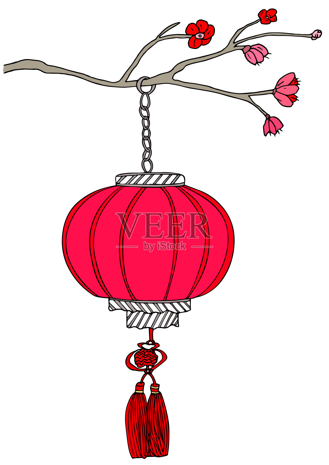 红灯笼挂在盛开的樱花枝上。手绘矢量草图插图。设计元素图片