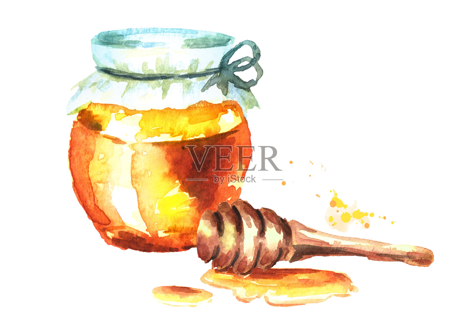 新鲜的蜂蜜在玻璃杯和蜂蜜勺。水彩手绘插图插画图片素材