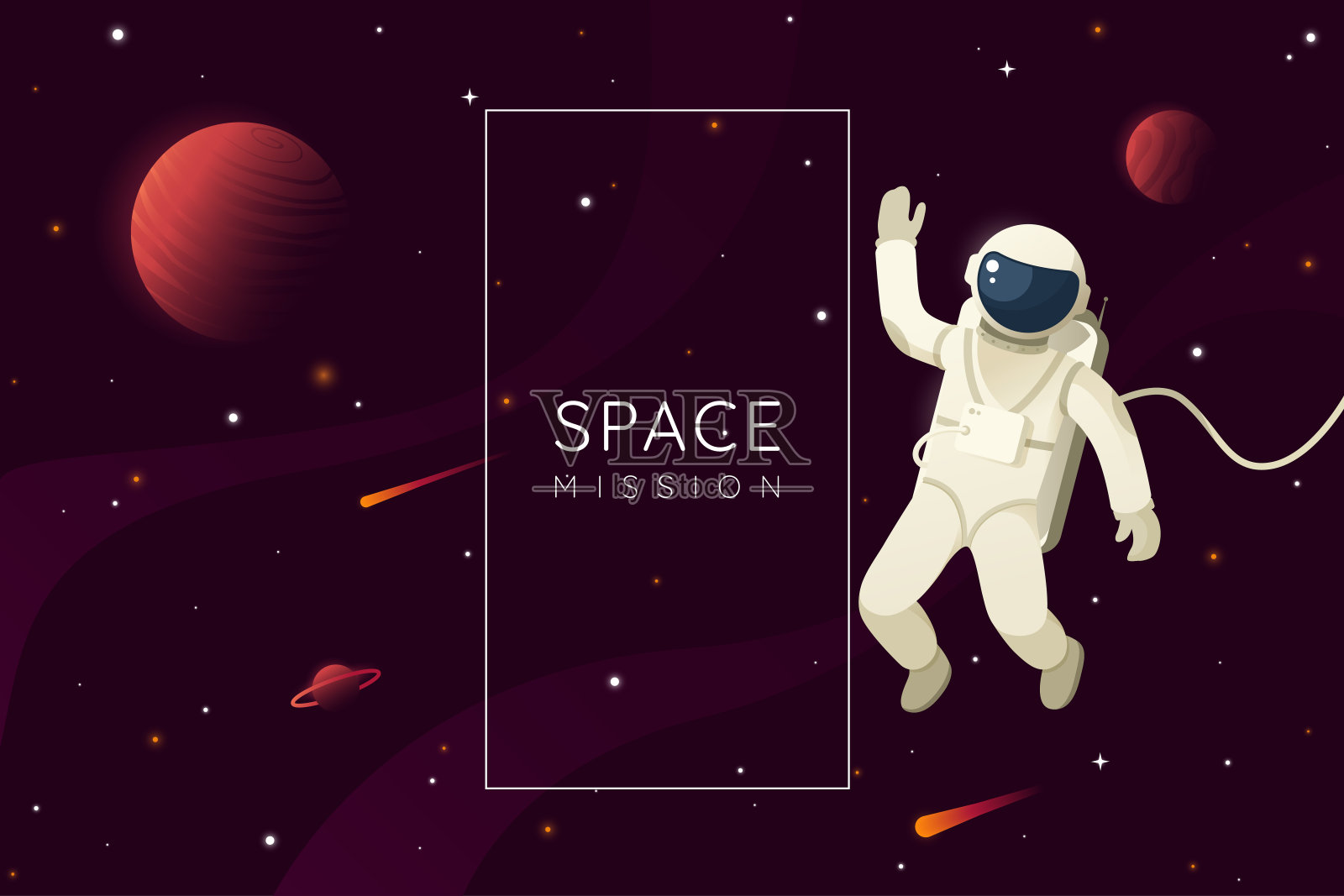 空间任务矢量图。宇航员在外太空挥手。为文本留出框架和位置的背景空间。每股收益10。插画图片素材
