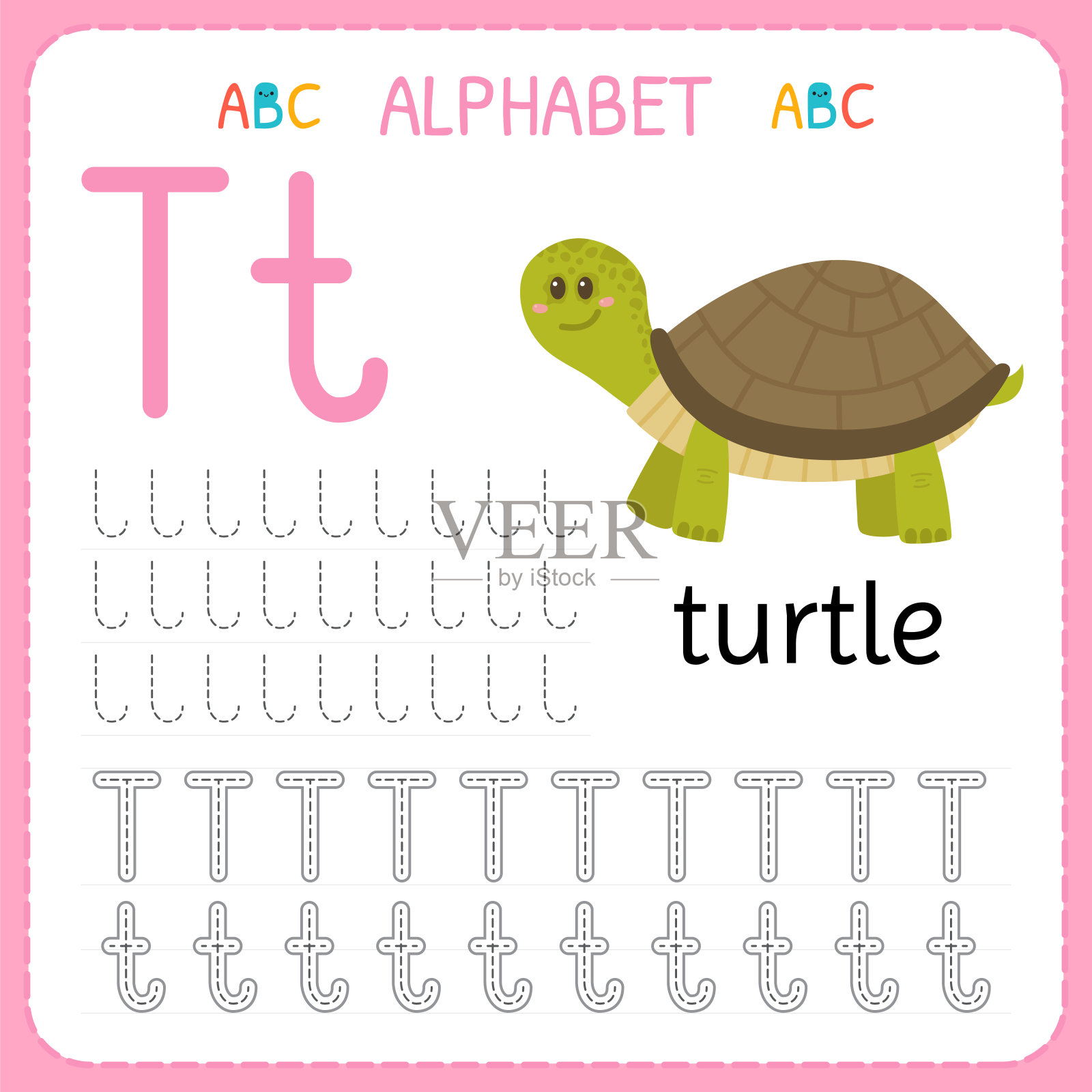 学龄前和幼儿园的字母追踪工作表。书写字母t的练习插画图片素材