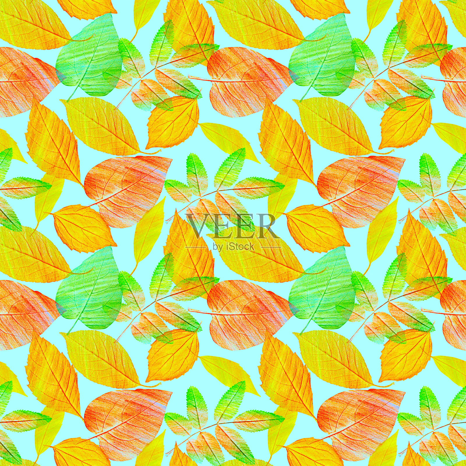 一个无缝的背景图案与绿色和金黄色的橙色叶子，色调插画图片素材