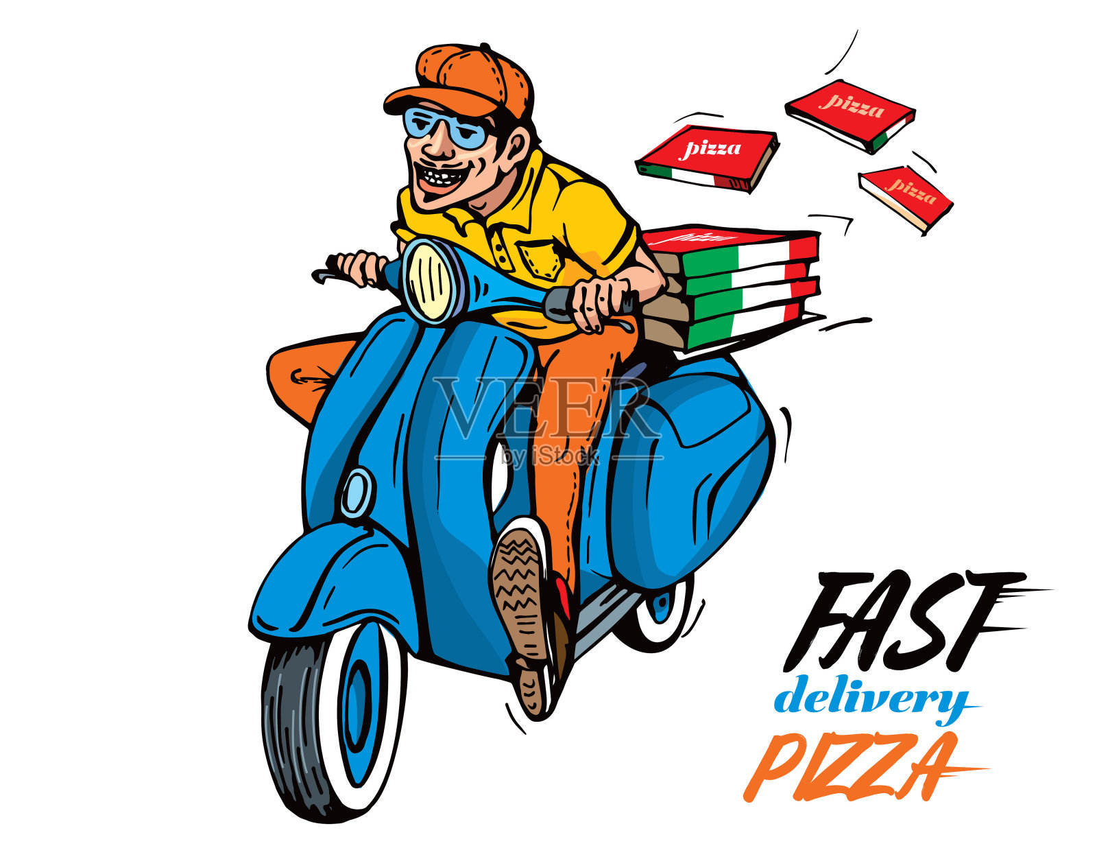 披萨很快交付。一个骑摩托车的男孩送热披萨。滑板车。设计元素图片