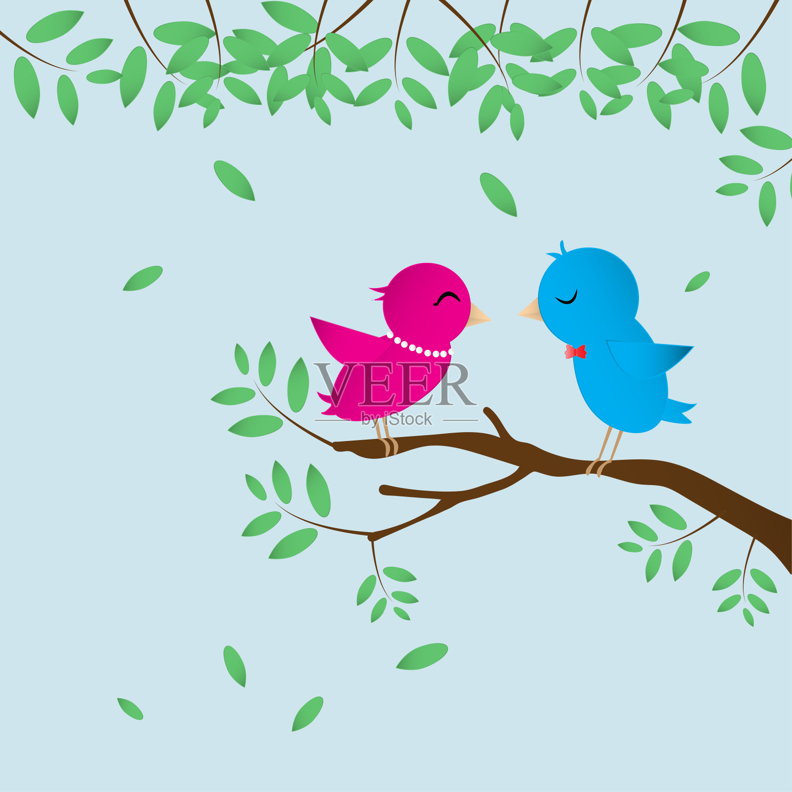 可爱的小鸟在蓝色背景的树枝上甜蜜的配对。矢量插图。插画图片素材