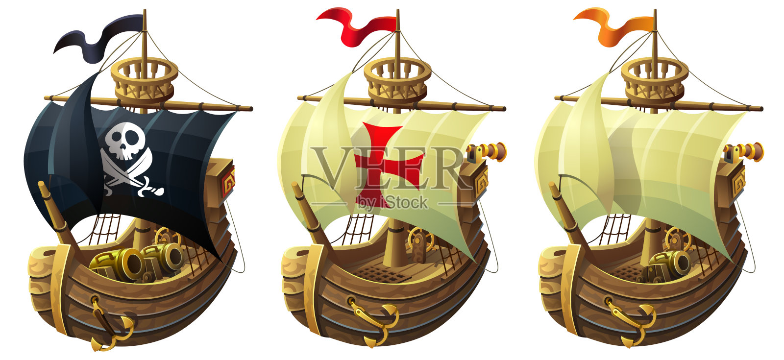 矢量集船舶插图。一艘装有大炮的商船和海盗船。插画图片素材