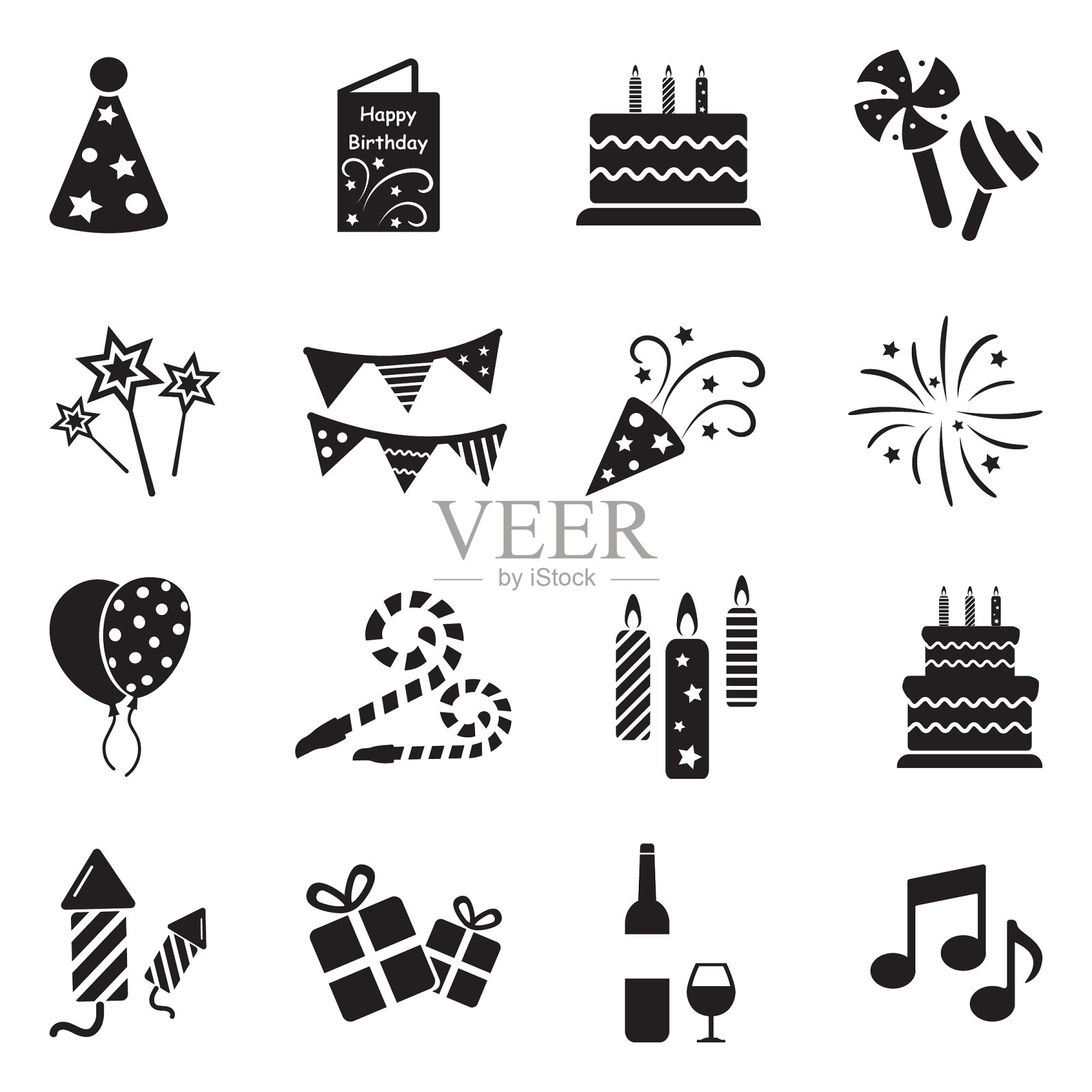 生日聚会图标。黑色的平面设计。矢量插图。设计元素图片