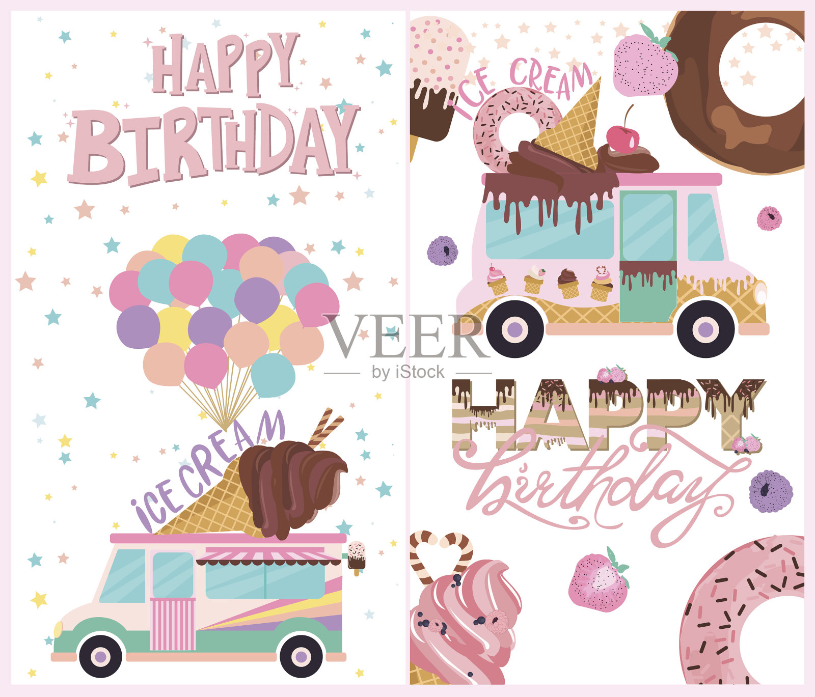 一套有冰淇淋和甜甜圈的生日贺卡插画图片素材