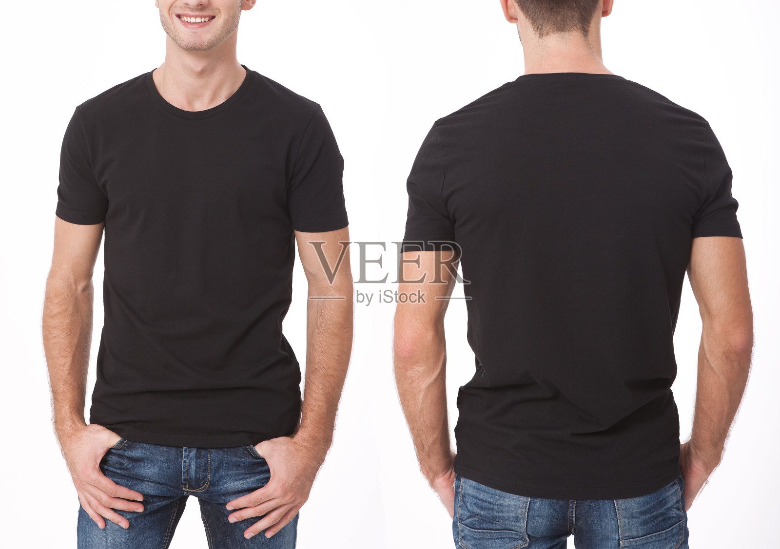 t恤设计与人的概念——年轻人近距离穿着黑色的空白t恤，衬衫前后隔离。干净的衬衫模型设计集。照片摄影图片