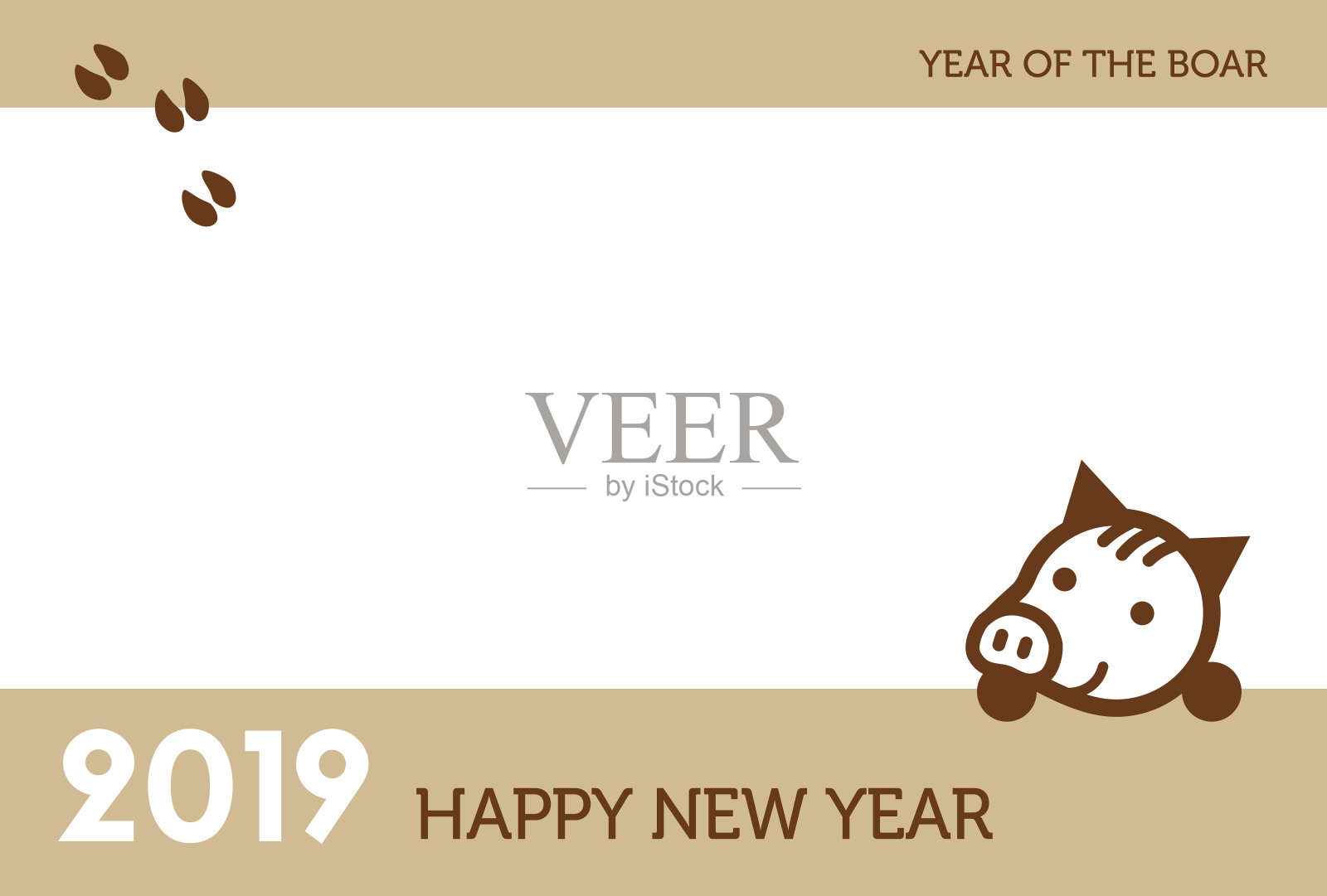 有可爱的野猪和脚印的新年卡片插画图片素材