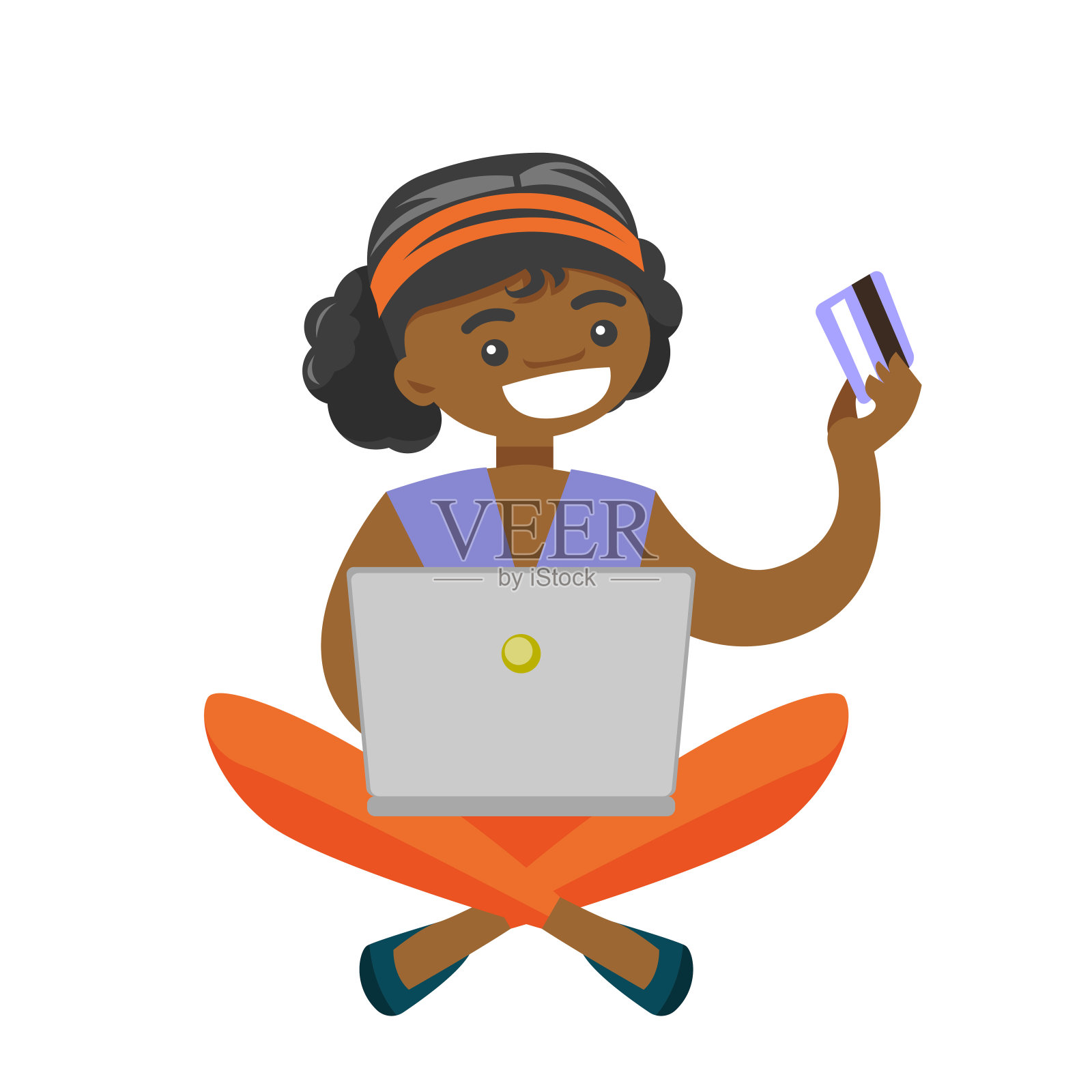 非洲妇女用笔记本电脑进行网上购物插画图片素材