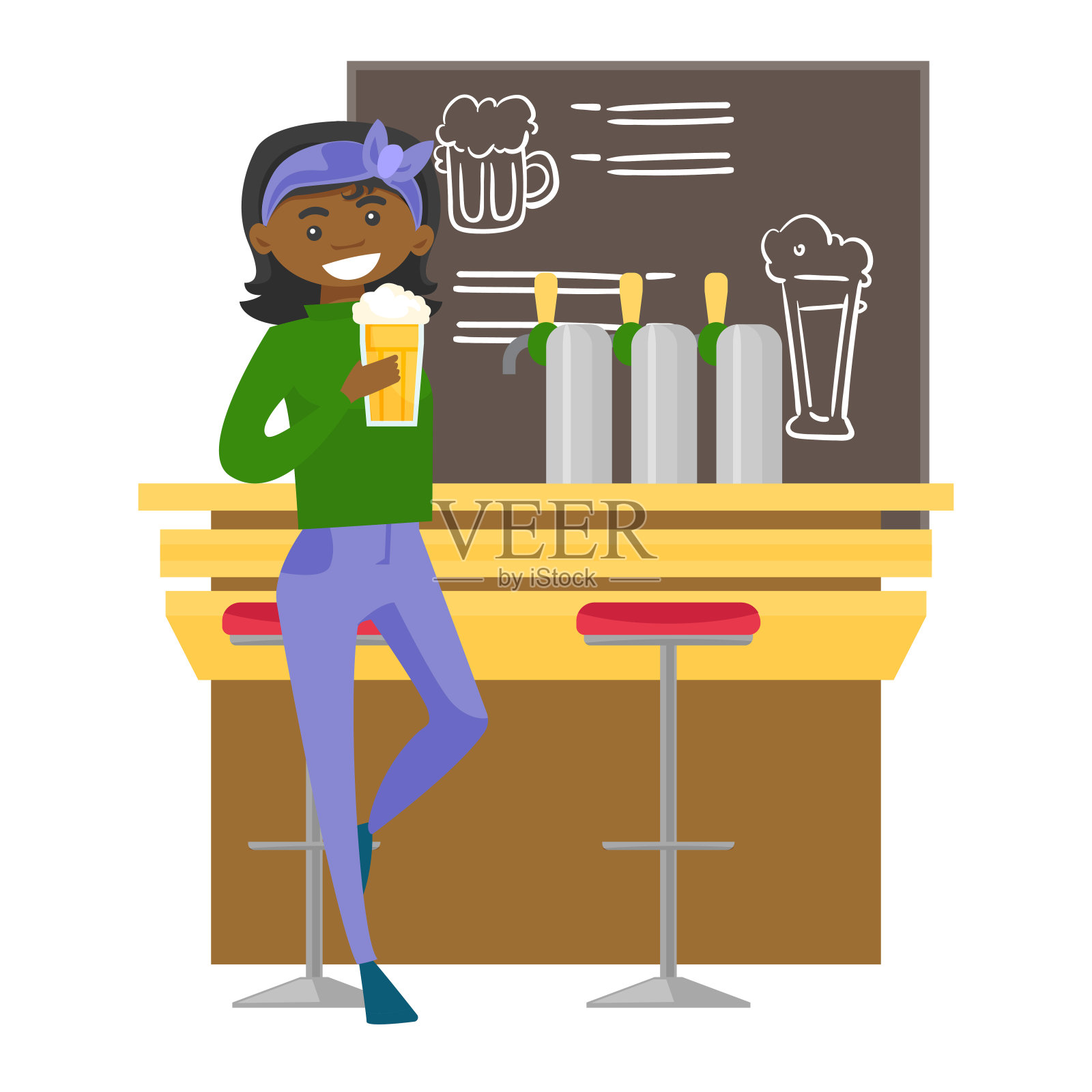 非裔美国女人在酒吧喝啤酒插画图片素材
