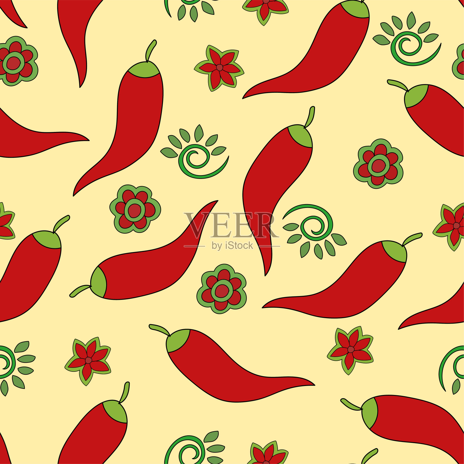 无缝模式。智利胡椒粉。绿色，黄色和红色。向量插画图片素材
