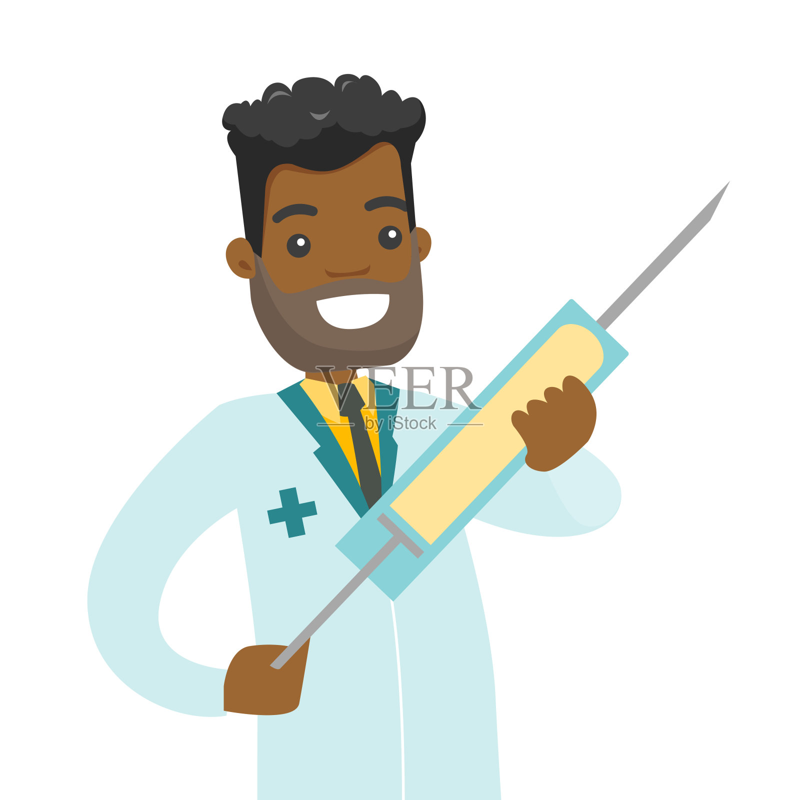 一个非洲医生拿着一个装有疫苗的注射器插画图片素材