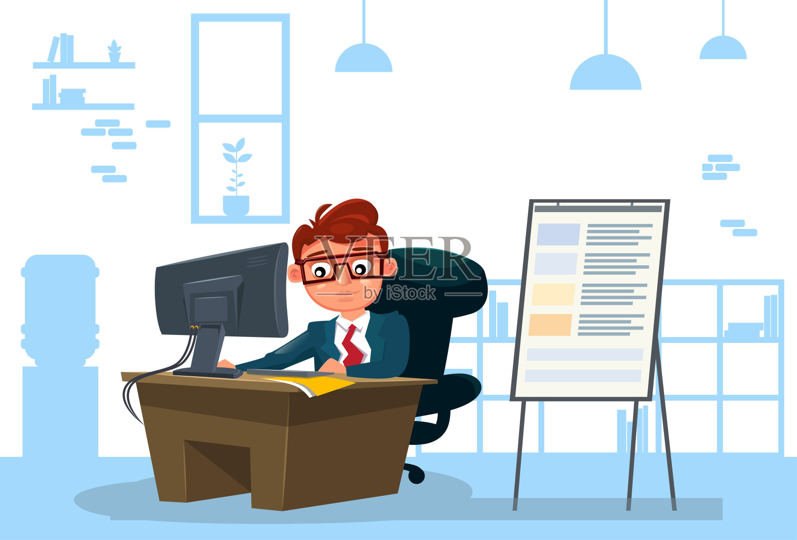 在电脑上工作的商人坐在办公桌前办公背景插画图片素材