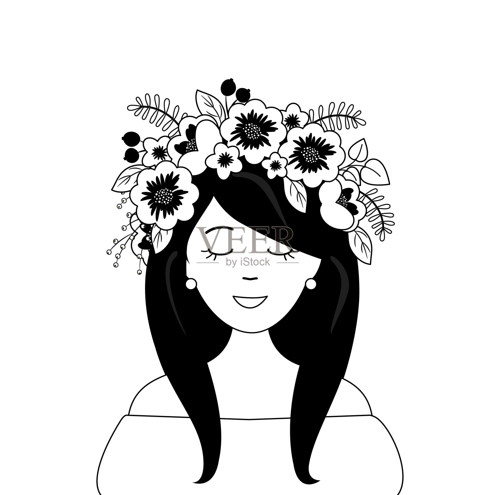 一个可爱的年轻女子的肖像，头上戴着装饰性的花圈插画图片素材