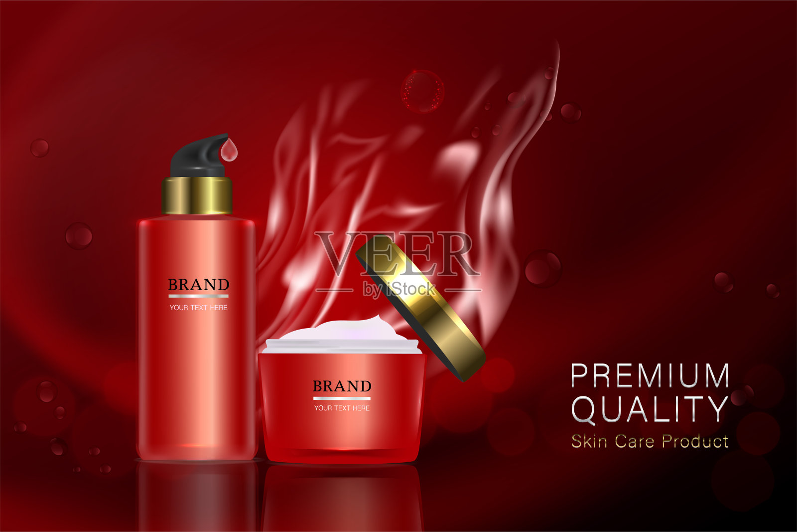 红色化妆品容器与广告背景准备使用，豪华护肤品广告，矢量3d插图。插画图片素材