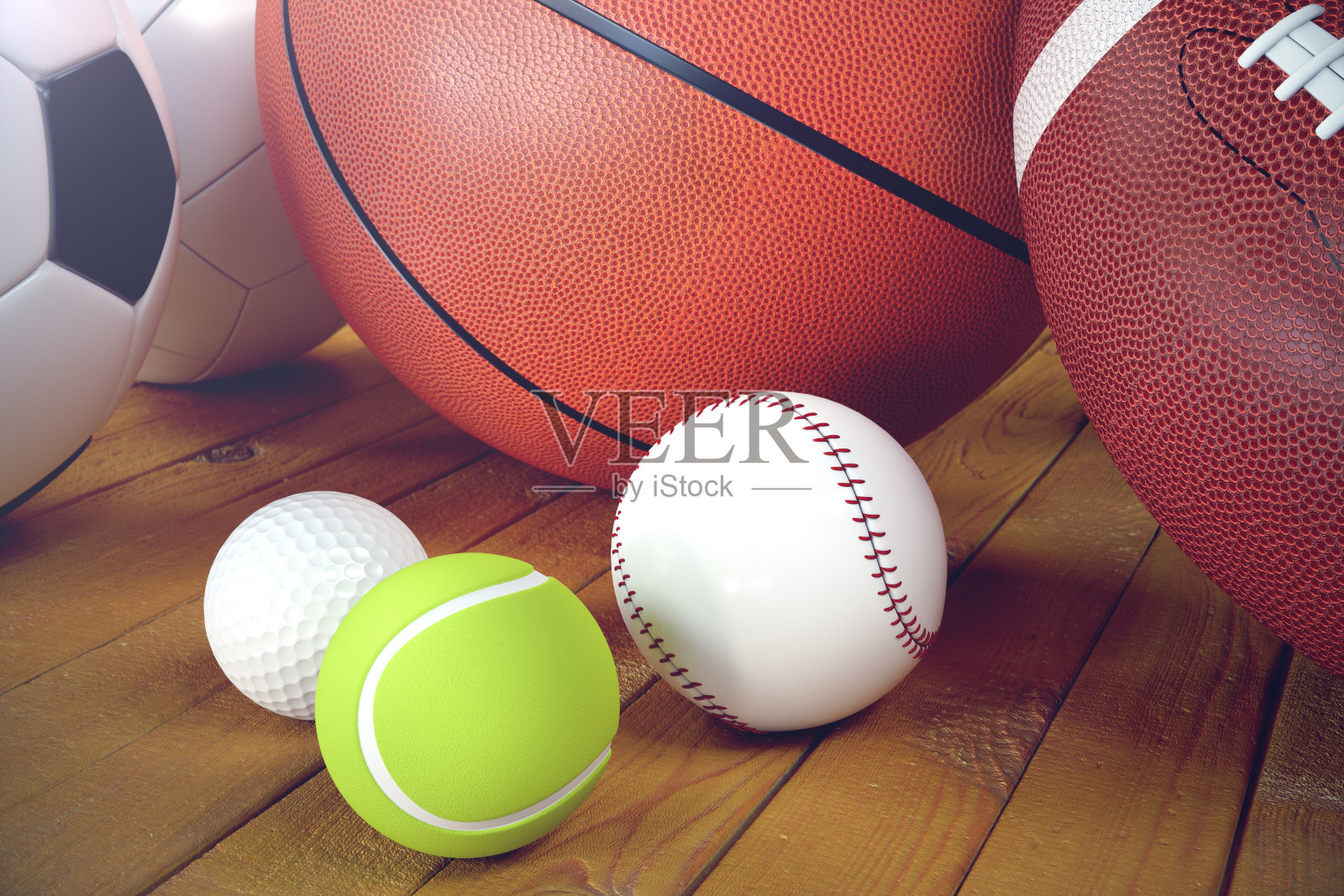 3d渲染运动球的木制背景。一套运动球。运动器材如足球、篮球、棒球、网球、高尔夫球等，供团队和个人娱乐和增进健康。照片摄影图片