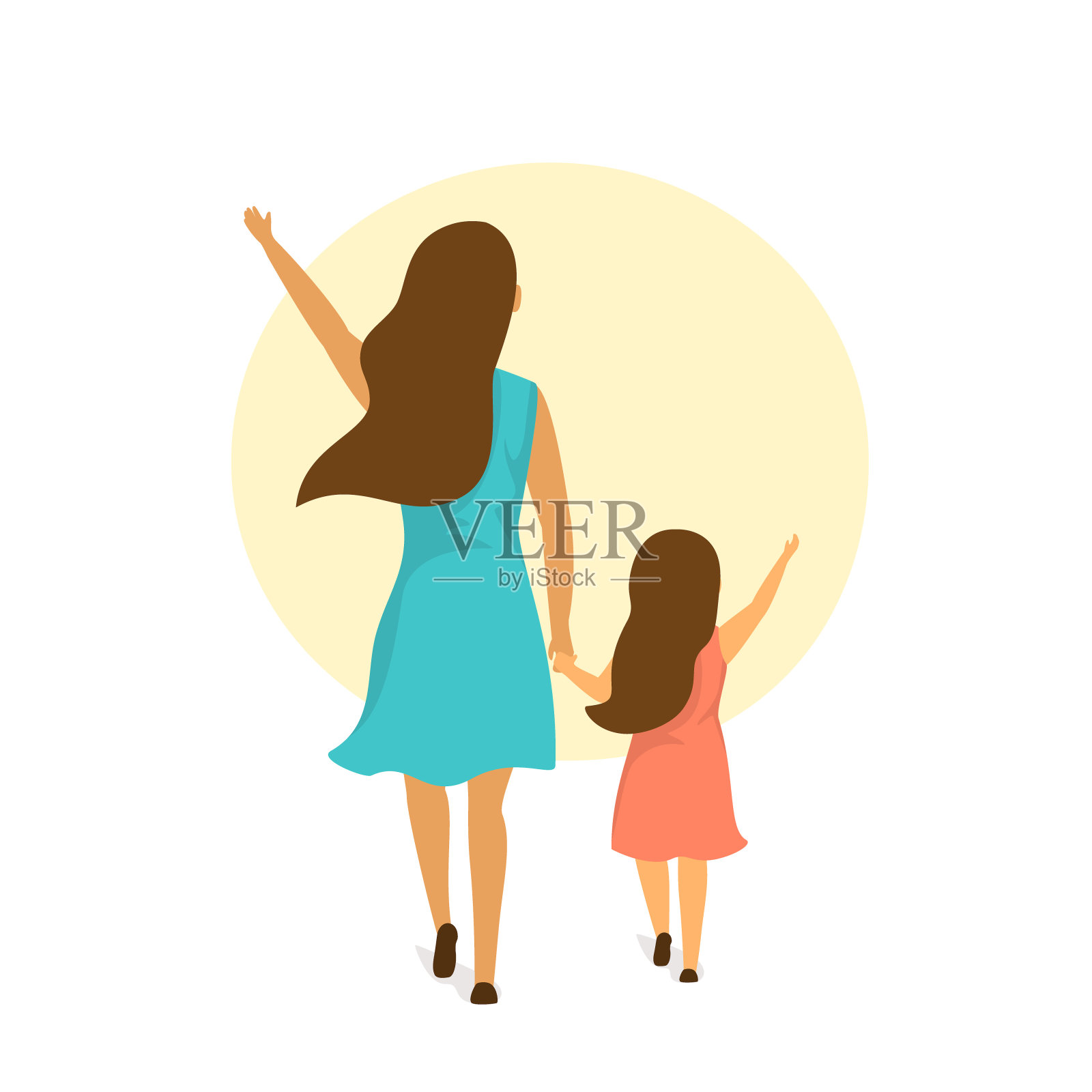 母亲和女儿手拉手走在一起，后视镜孤立矢量插图场景设计元素图片