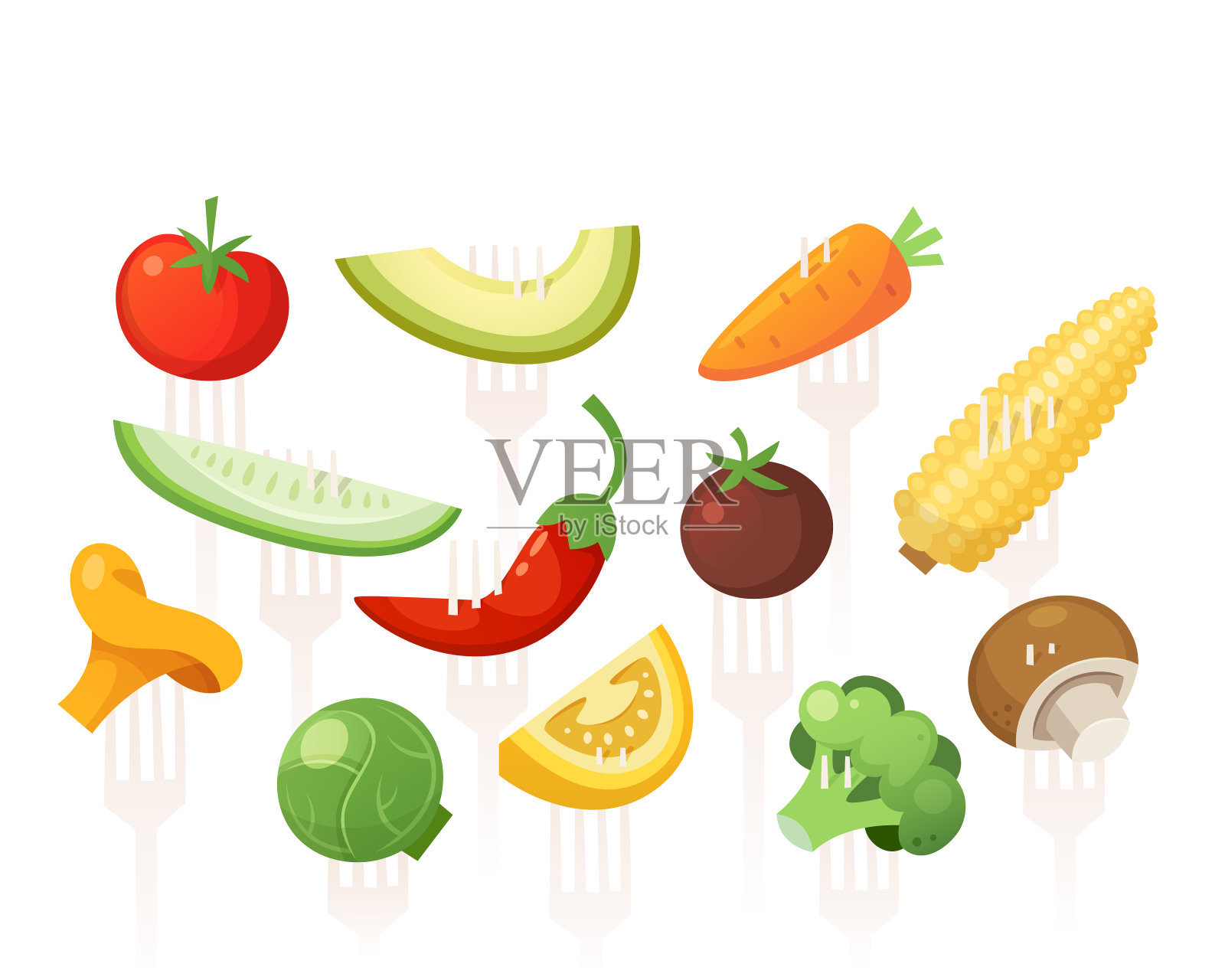 一套健康的维生素全蔬菜在叉。插画图片素材
