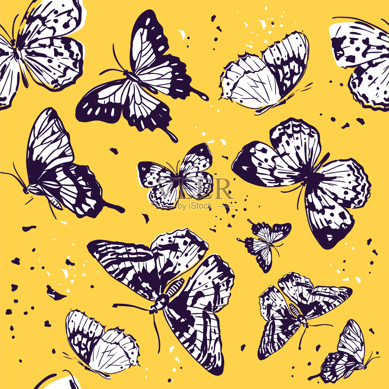 时尚无缝模式。黄色背景上的蝴蝶。插画图片素材