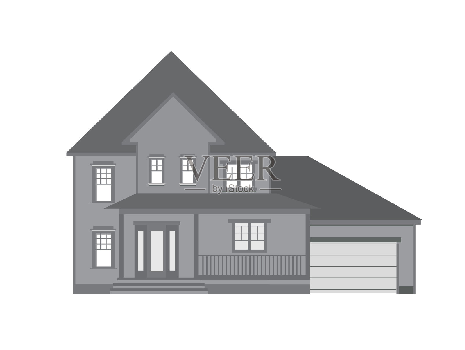 带有车库的两层木屋是乡村的象征。在平面风格中，矢量。设计元素图片