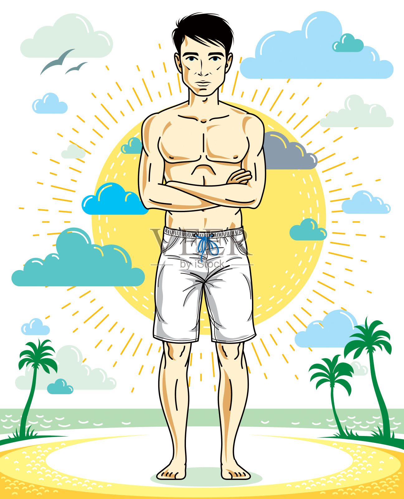 英俊的黑发青年站在热带海滩上的短裤。矢量运动男性插图。暑假生活方式主题卡通。插画图片素材