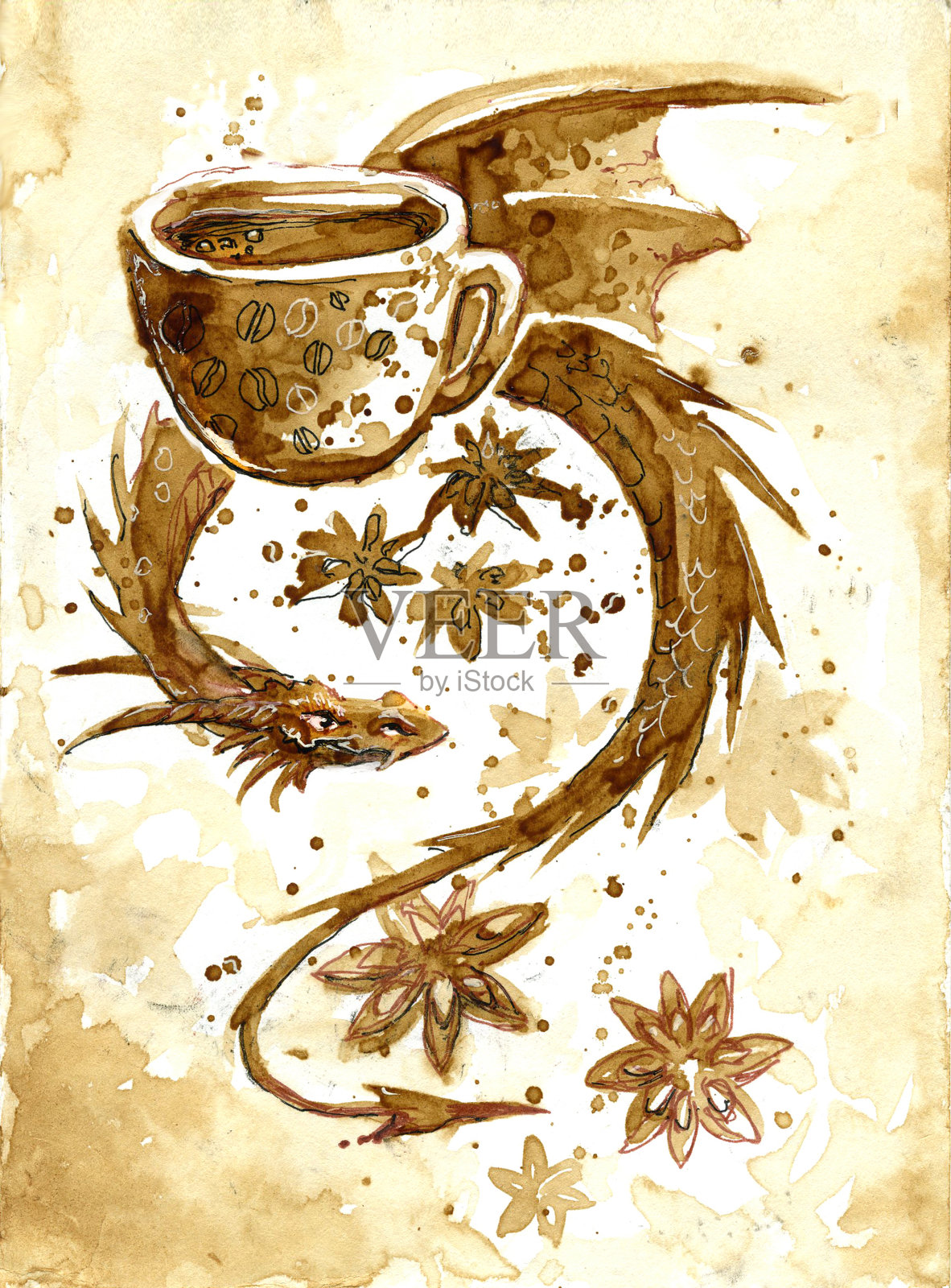 咖啡画的龙插画图片素材