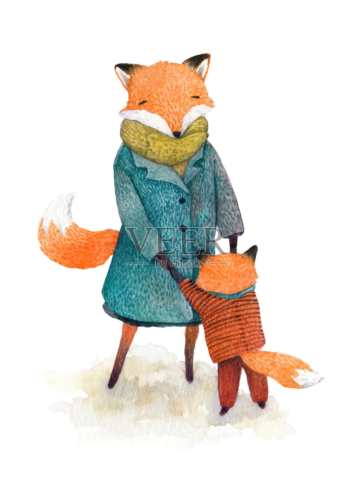 手绘插图一只狐狸妈妈和她的孩子，一起玩。水彩孤立的白色背景。插画图片素材