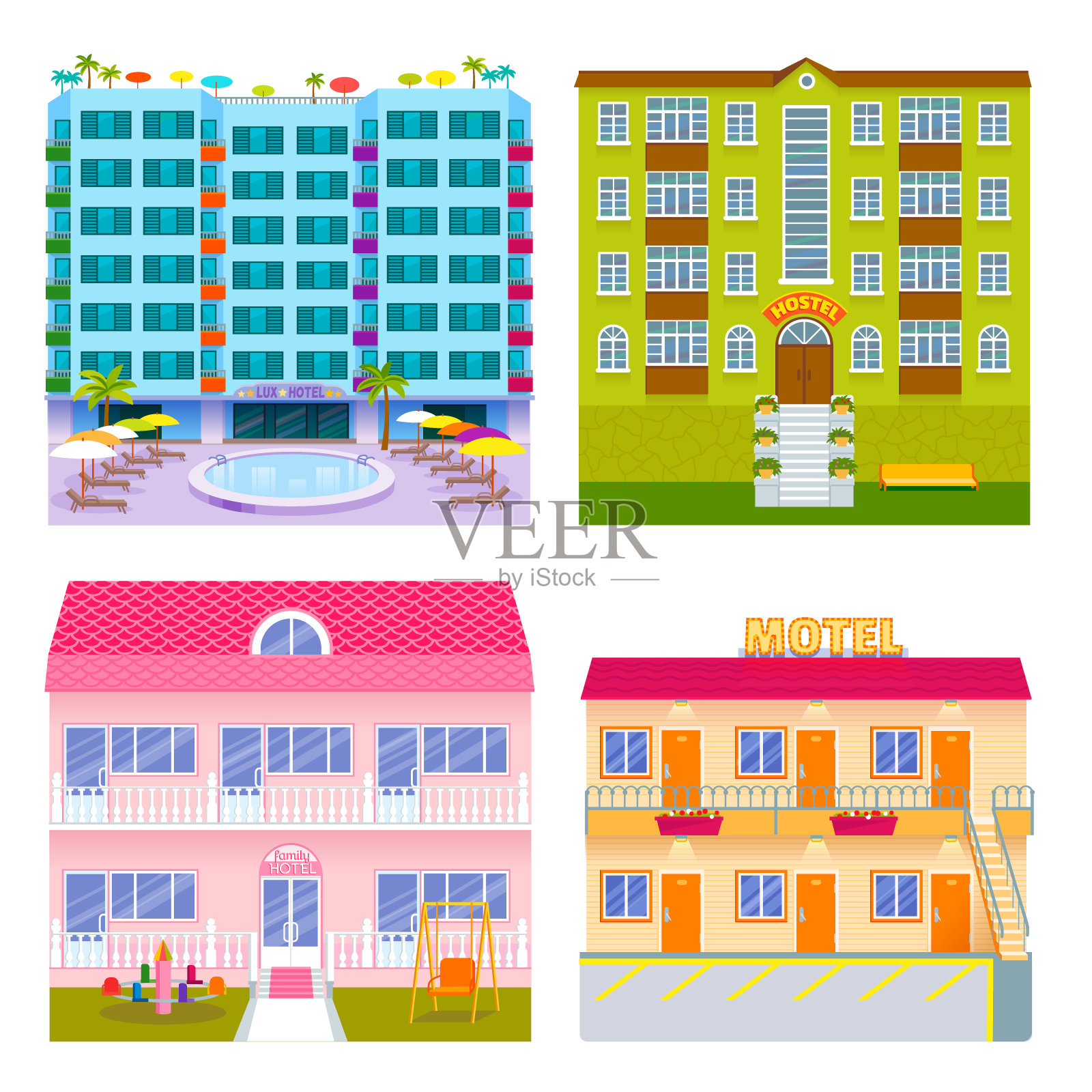酒店，建筑，游客，旅行者，地方，度假时间，公寓，城市城镇立面矢量图插画图片素材