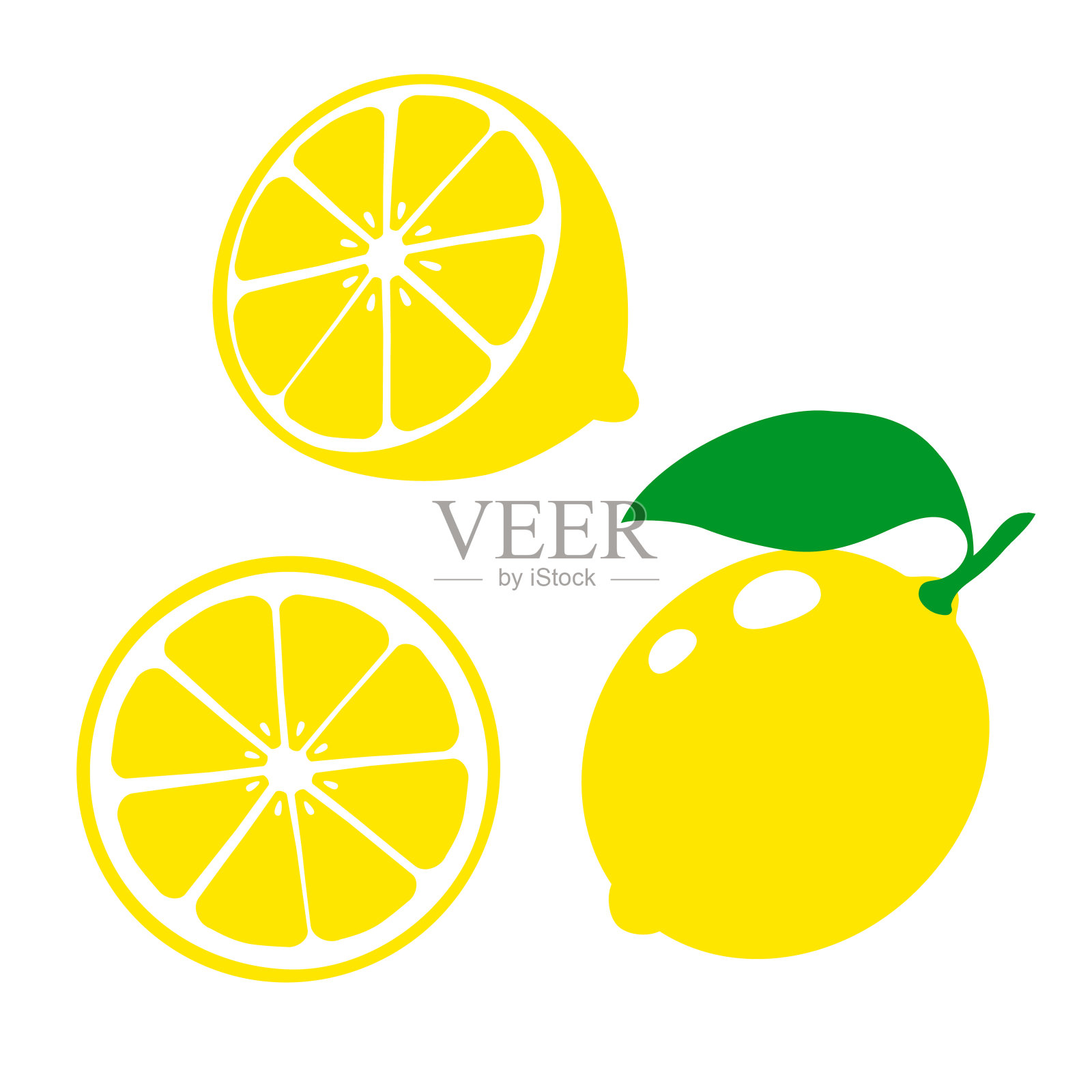 图标柠檬。放置新鲜的柠檬水果和切片。孤立在白色背景上。矢量插图插画图片素材