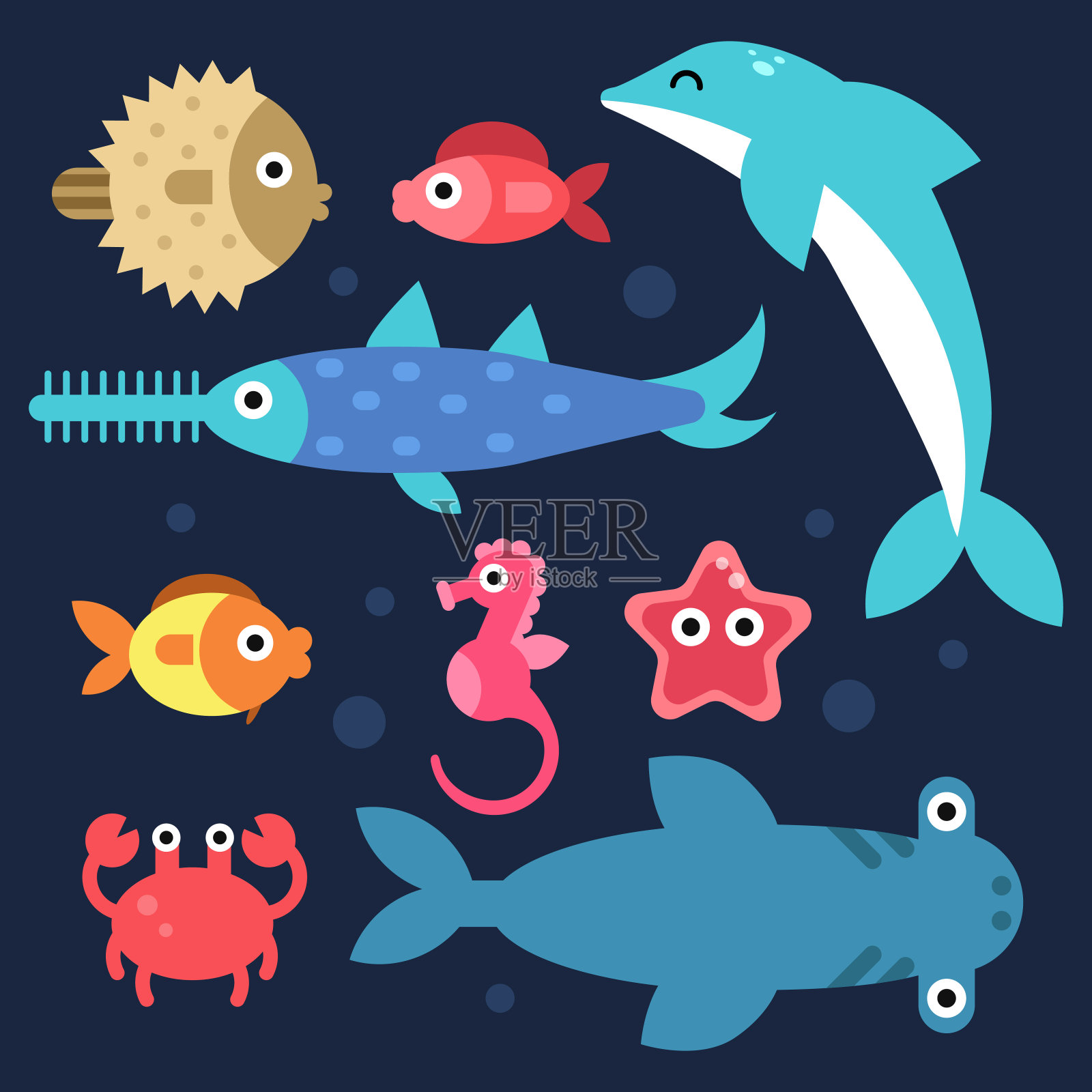 鱼类和其他水下动物。程式化的平面插图插画图片素材