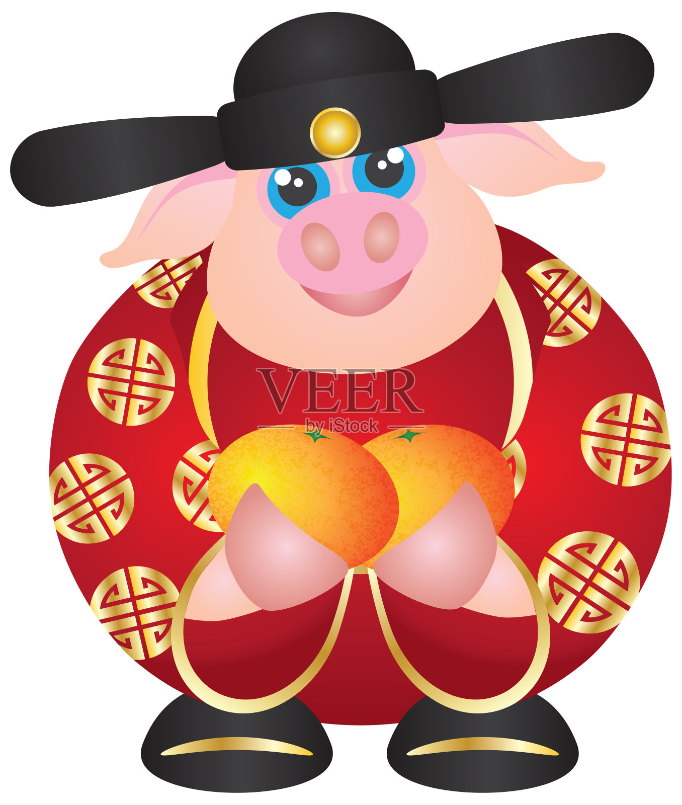 中国新年猪繁荣钱神捧桔子插图插画图片素材
