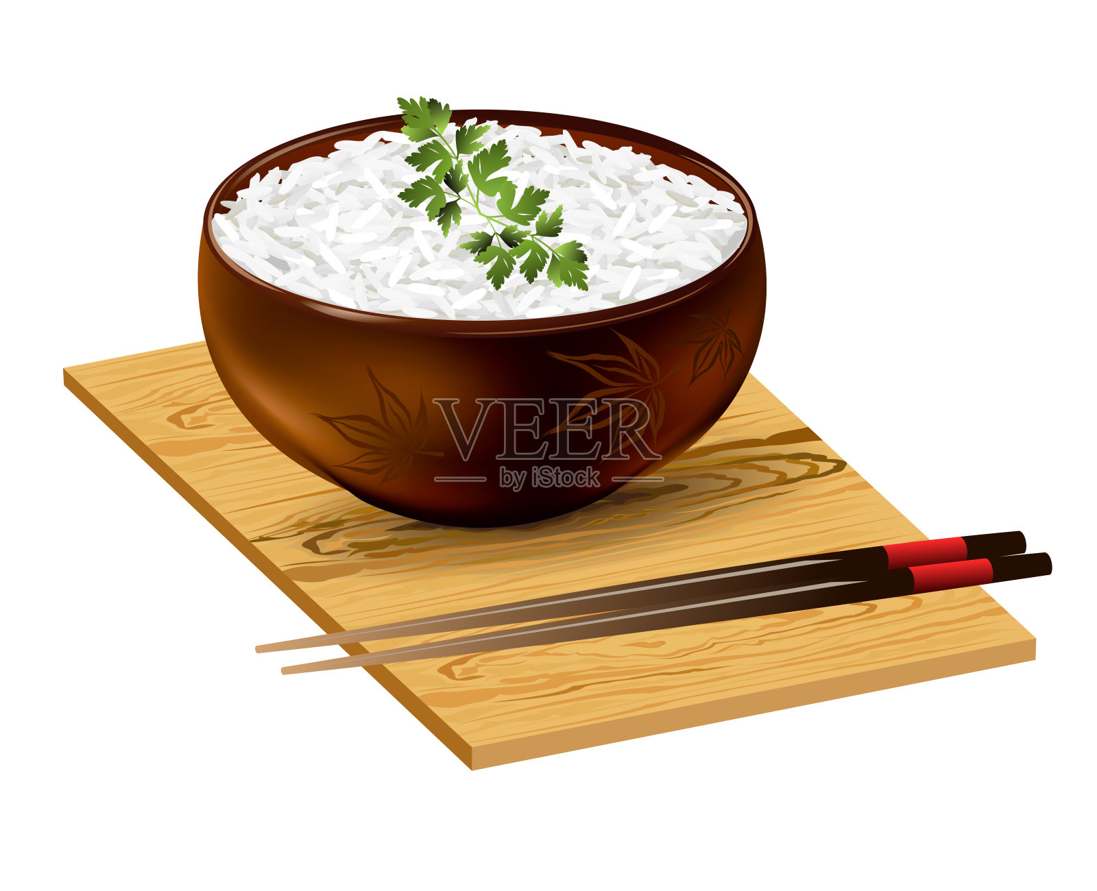 饭碗与筷子在木板上，现实矢量插图。插画图片素材