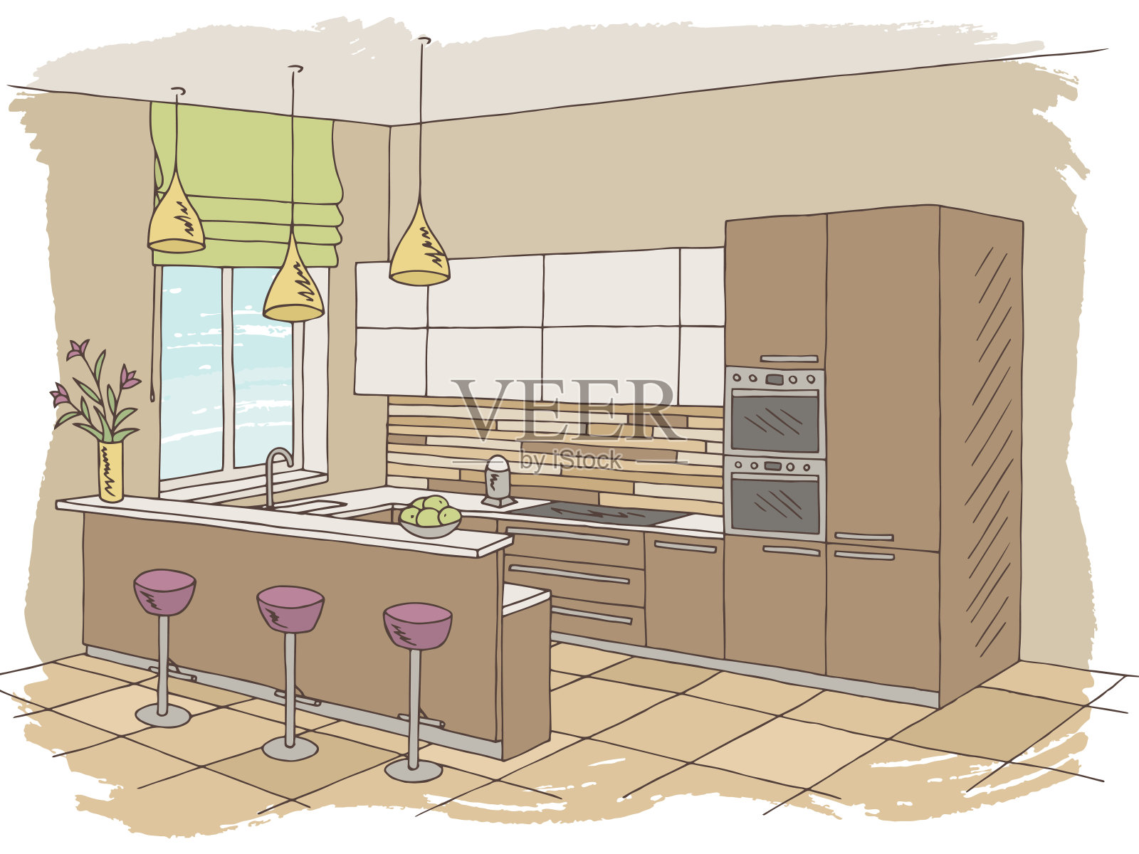 厨房室内色彩图形素描插图向量插画图片素材