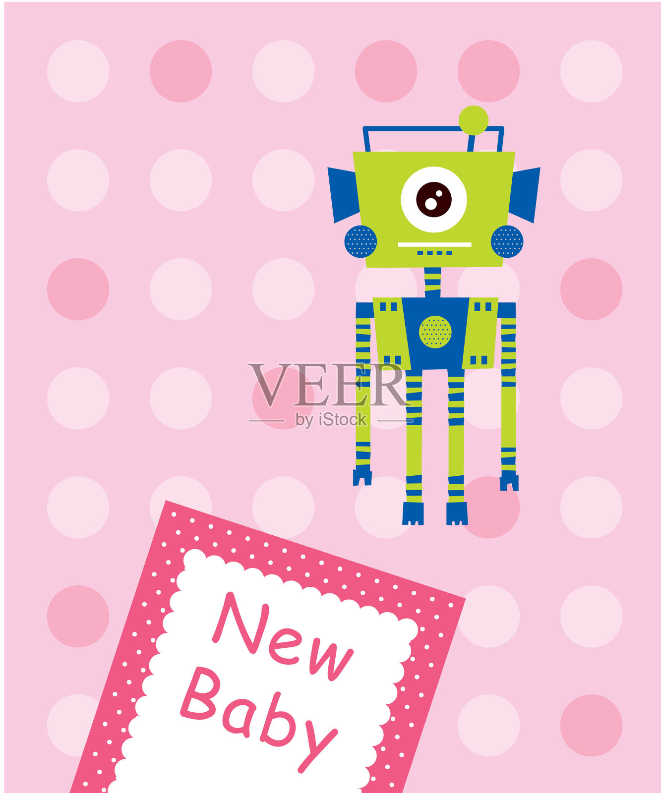 可爱的婴儿机器人到达问候卡向量插画图片素材