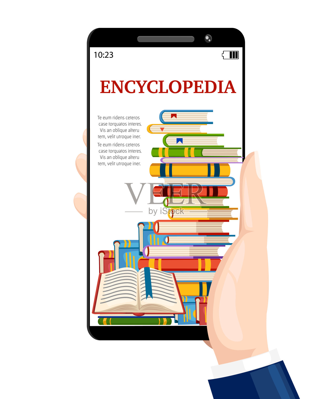 Hand把智能手机和电子书放在一起。在线图书馆的概念。在网上阅读百科全书。卡通风格的设计。矢量插图孤立在白色背景的网站页面和移动应用程序插画图片素材