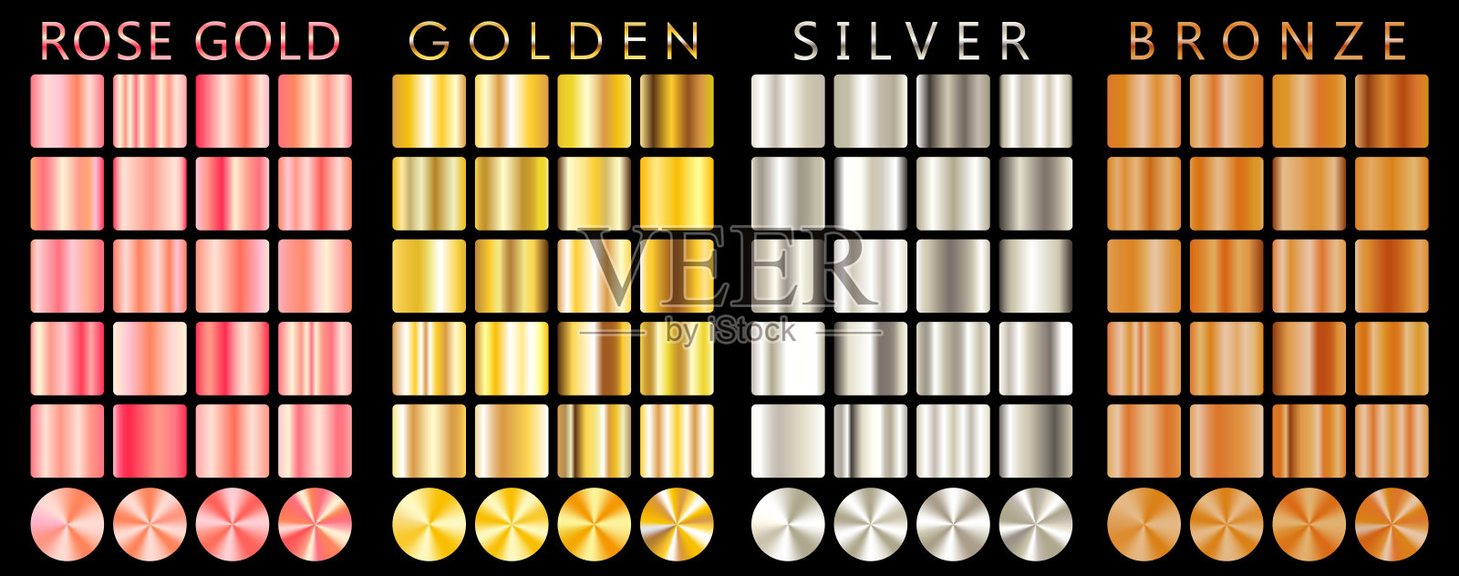 玫瑰金，金，银，青铜梯度，图案，模板。一套颜色的设计，收集高质量的梯度。金属质地,闪亮的背景插画图片素材