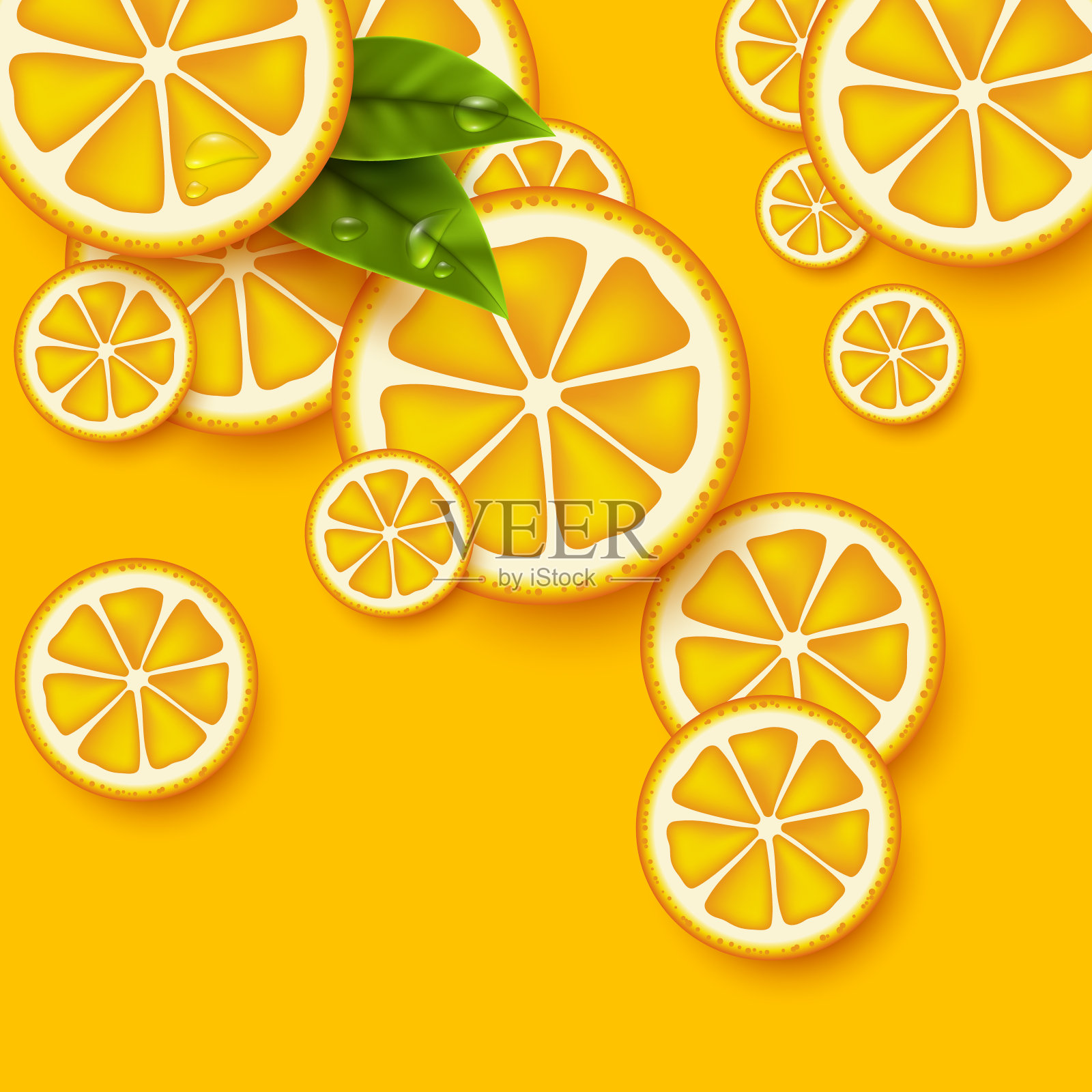 橙色水果背景。用叶子和水滴切成橘片。矢量插图。设计元素图片