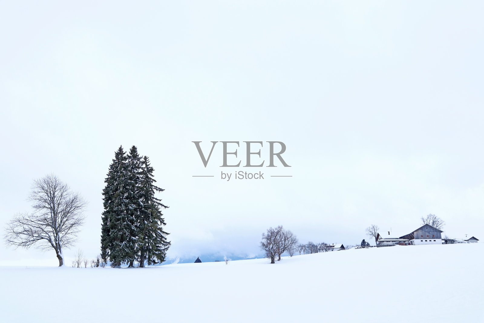 极简主义的冬季景观，雪，树木和巴伐利亚的一个农场照片摄影图片