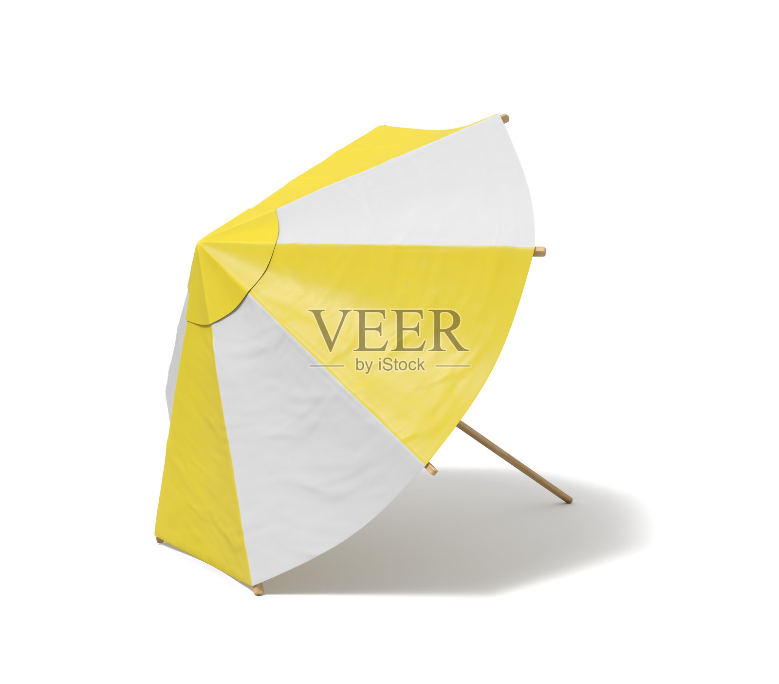 一个孤立的海滩伞与白色和黄色条纹在白色背景的3d渲染照片摄影图片