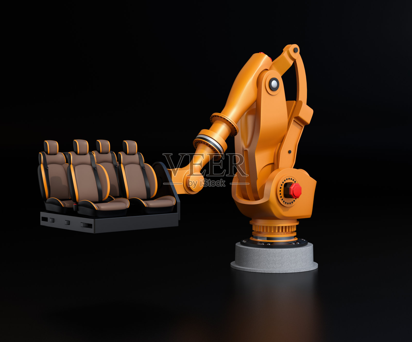 橙色重量级机器人手臂携带车辆座椅组装照片摄影图片