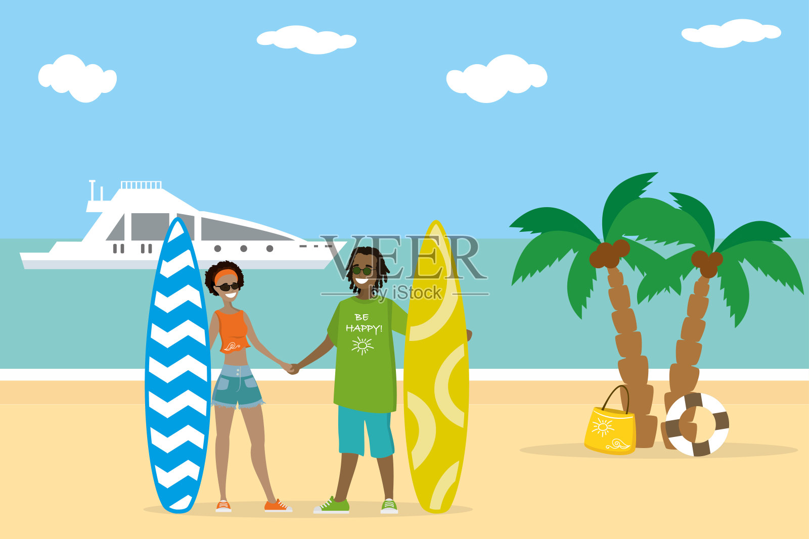 卡通情侣在海滩上拿着冲浪板，插画图片素材