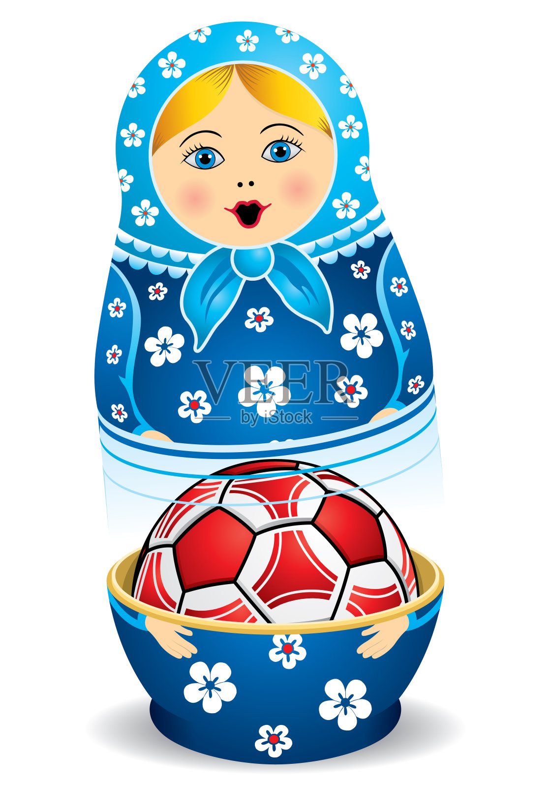 蓝色俄罗斯套娃，白色背景，里面有一个红色的足球。俄罗斯套娃，又称俄罗斯套娃，是一套尺寸递减的木制玩偶插画图片素材