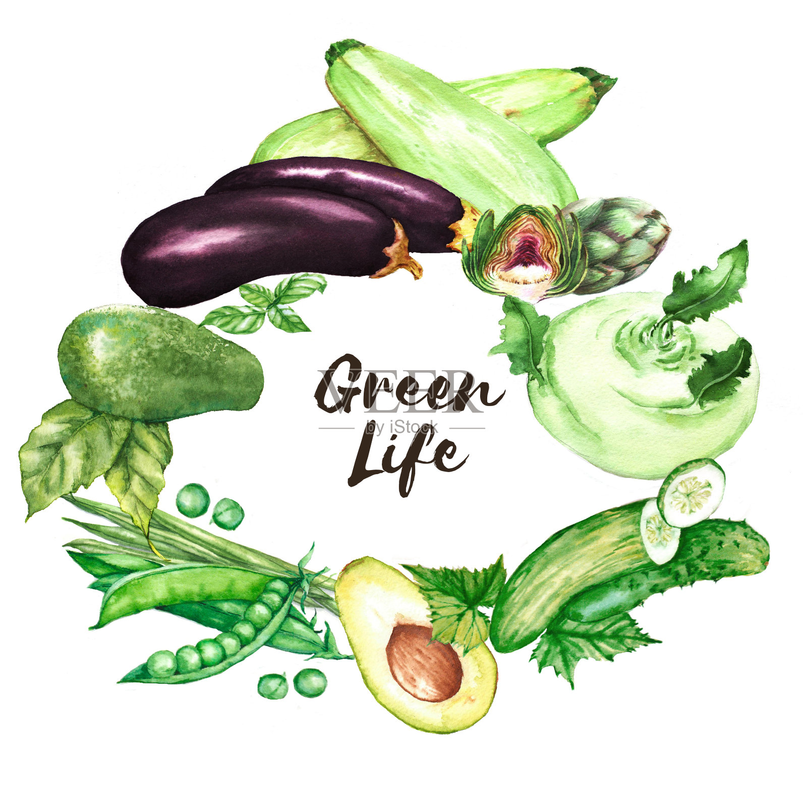 手绘水彩插图不同的绿色新鲜蔬菜插画图片素材