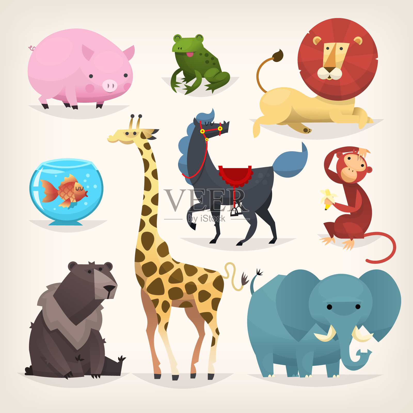 一组五颜六色的有趣的卡通动物从动物园。孤立的向量元素。插画图片素材