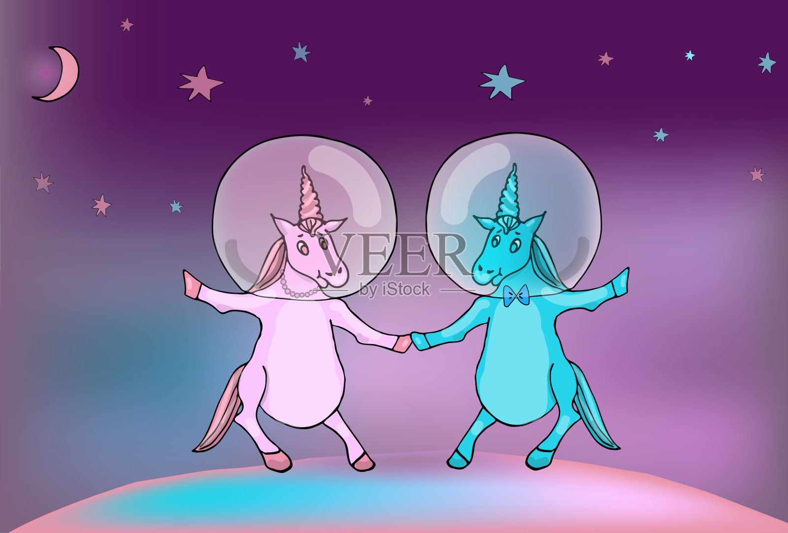卡通童话爱独角兽宇航员夫妇在太空头盔在自由空间对抗星星，彗星和月亮-一个月。卡设计元素图片